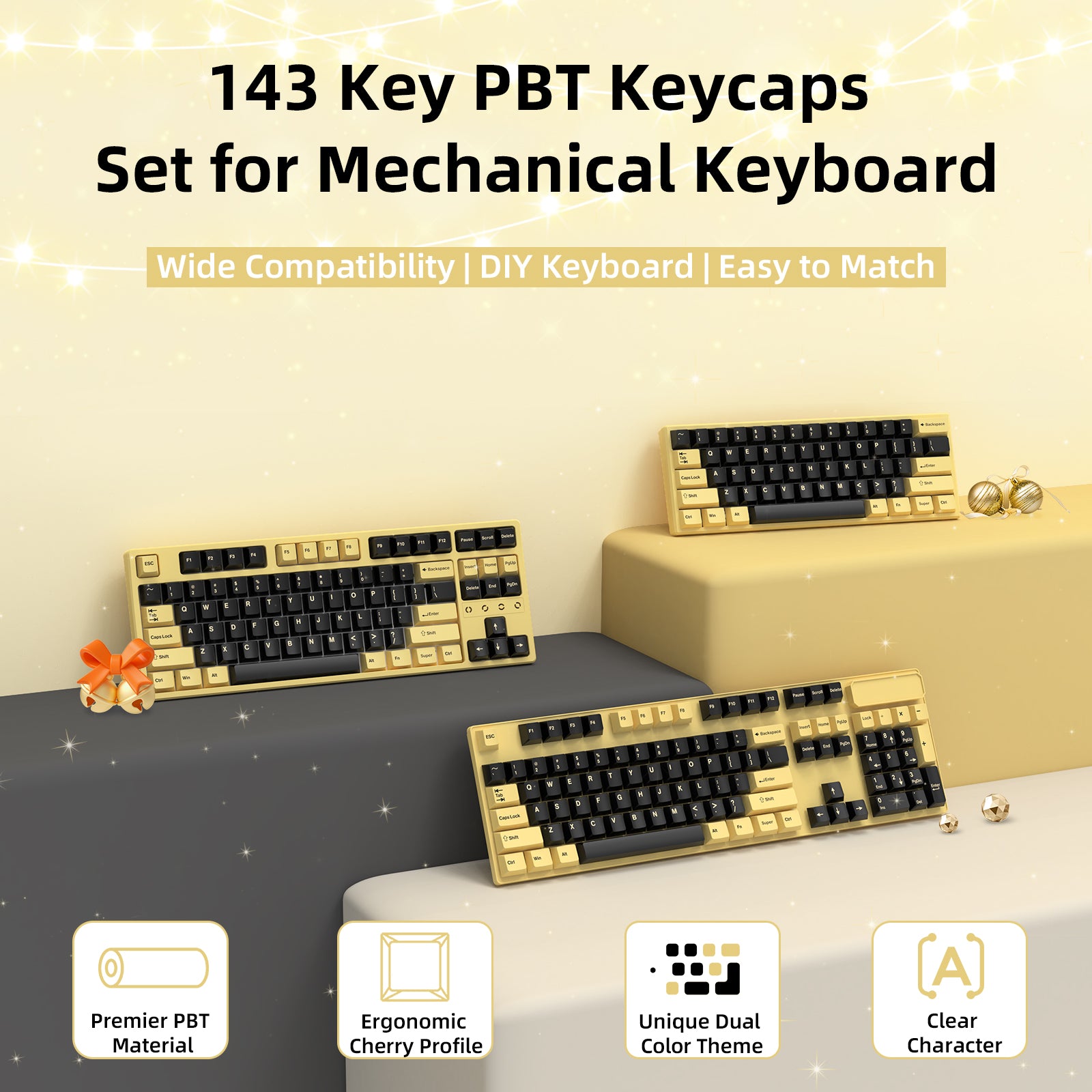 Black and gold ergonomic PBT keycap set with wide compatibility for mechanical keyboards