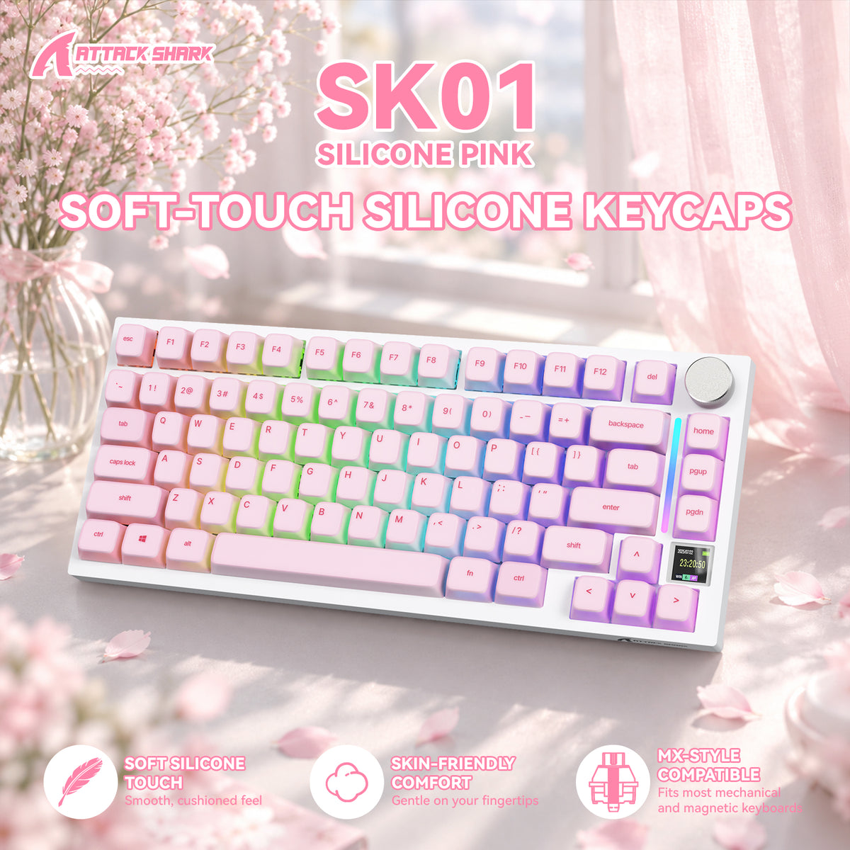 ATTACK SHARK SK01 Tastenkappenset mit 113 Tasten aus Silikon, Cherry-Profil, ANSI, Pink