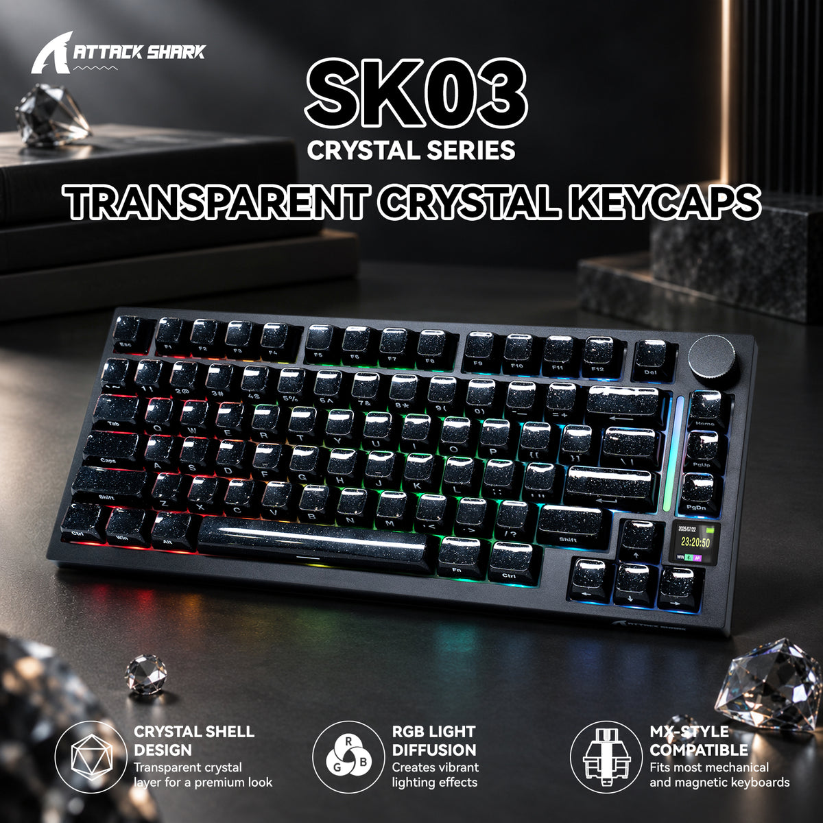 ATTACK SHARK SK03, 136 Tasten, Kristall-Tastenkappen, ASA-Profil, ANSI/ISO