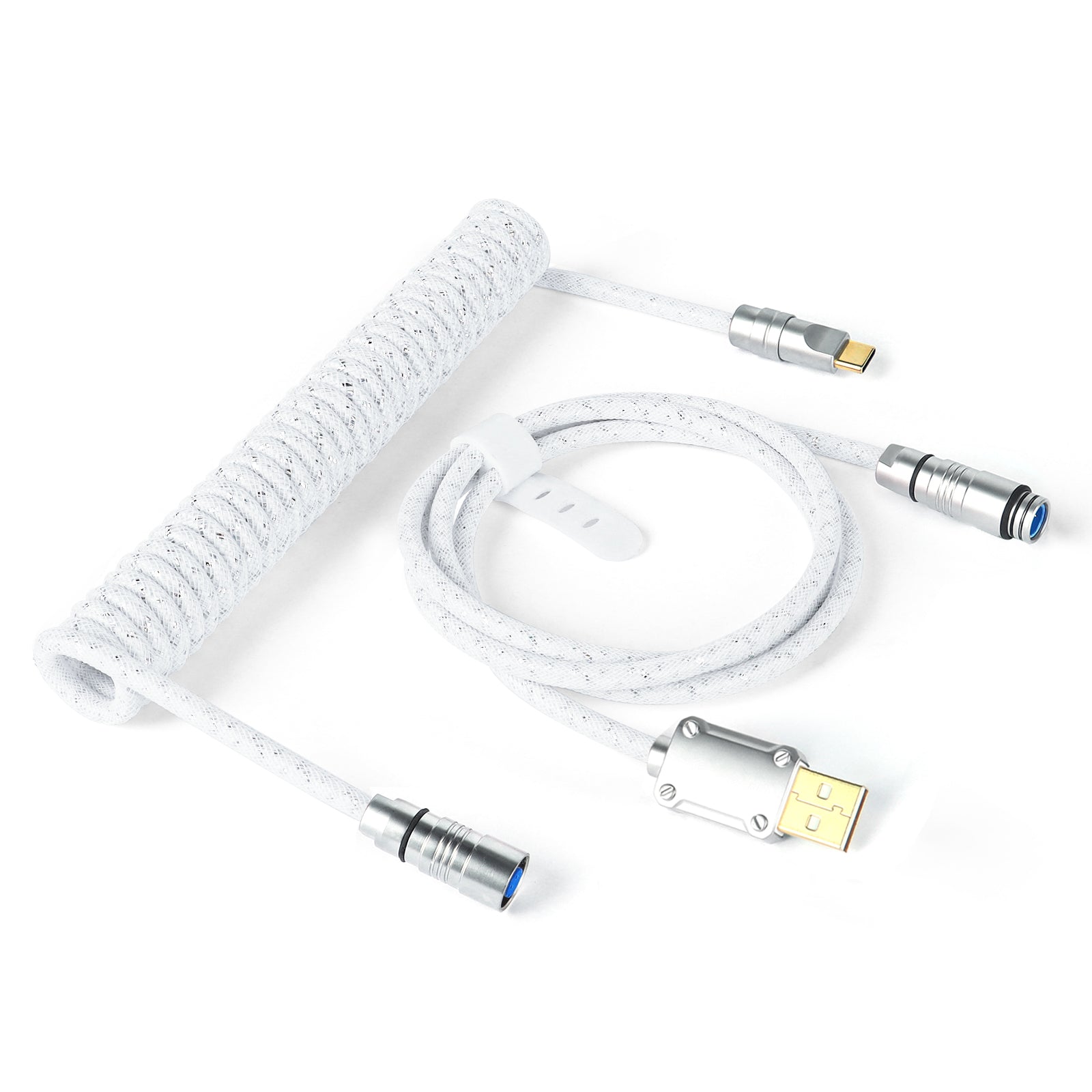 White coiled cable with braided sleeve and detachable USB connectors