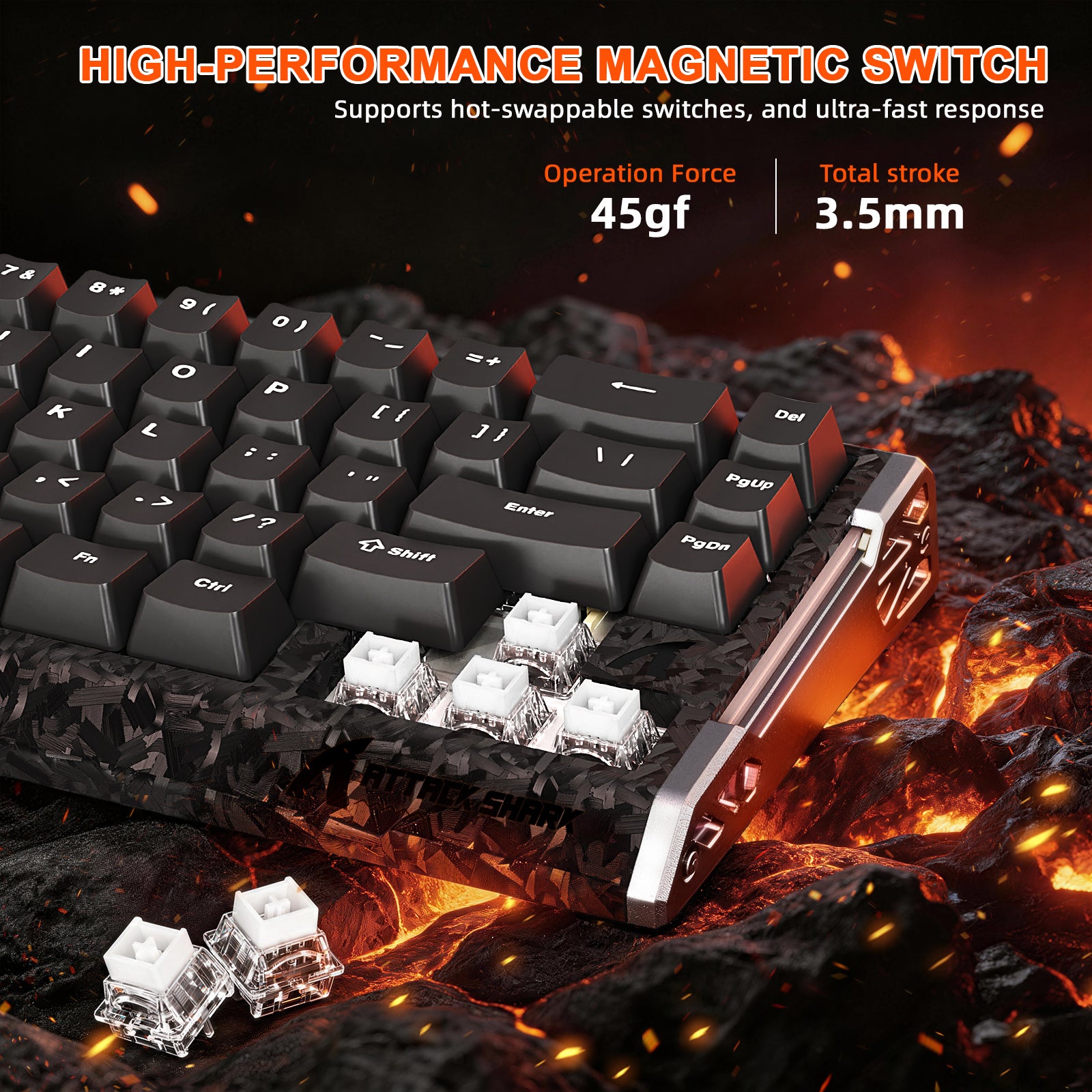 Forged carbon fiber gaming keyboard with hot-swappable magnetic switches, 45gf actuation, 3.5mm stroke