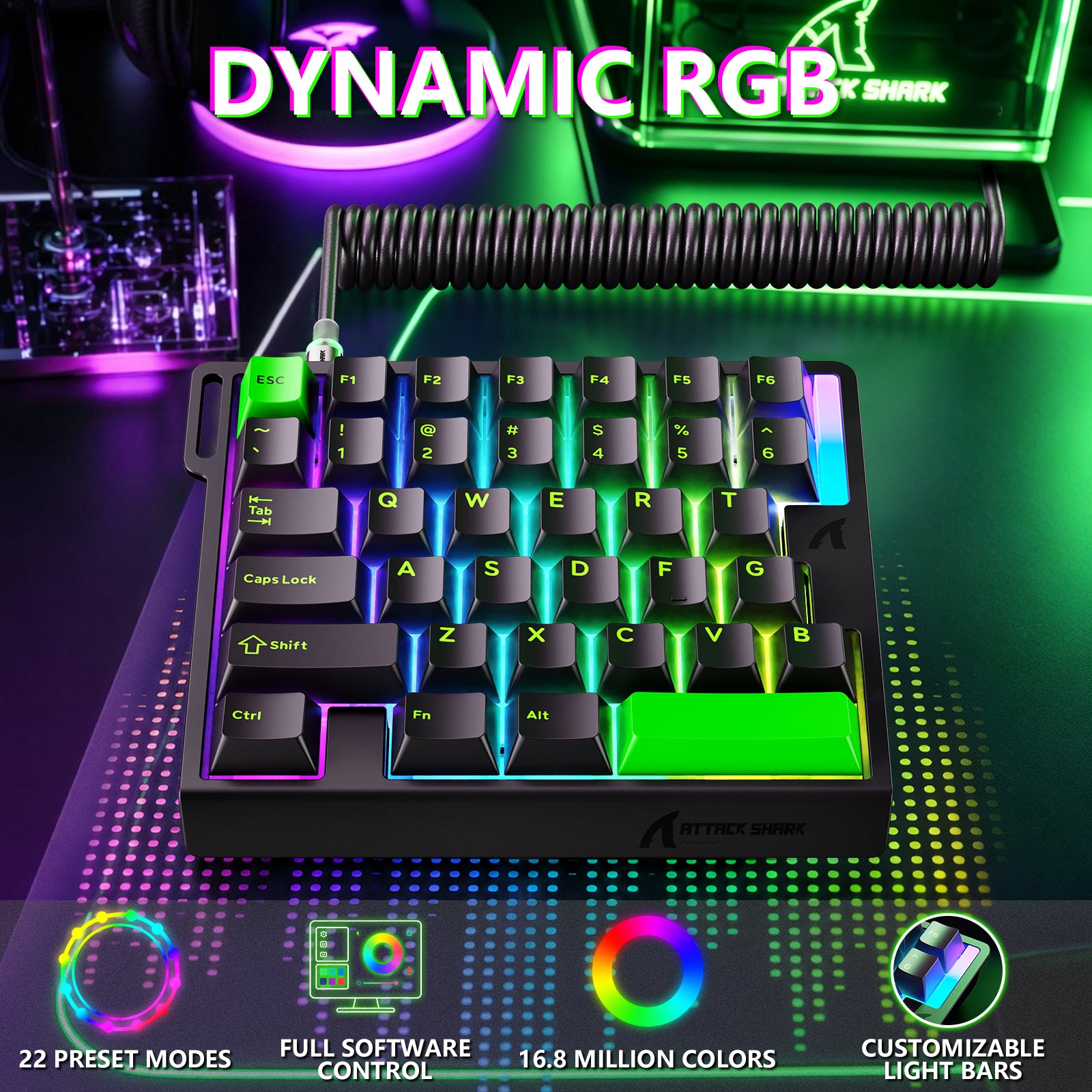 ATTACK SHARK M36 HE Einhändiges Tastatur mit Magnetischem Schalter & C01 ULTRA LED Aviator Kabel