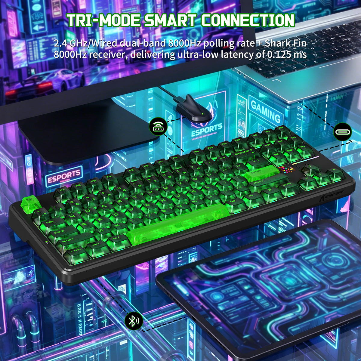 Attack Shark X87 Ultra wireless mechanical keyboard with green RGB lighting, 8K receiver, tri-mode connection