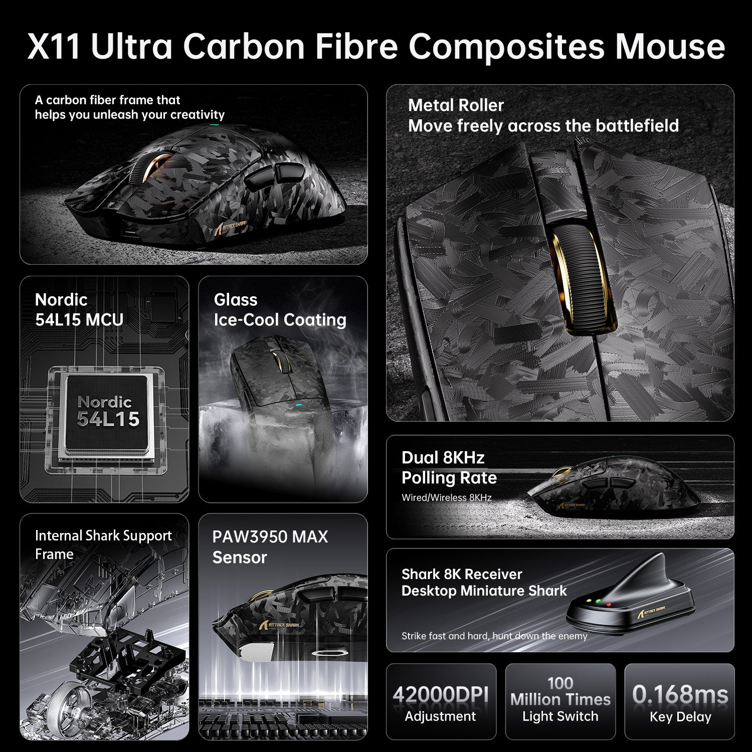 ATTACK SHARK X11 ULTRA Kohlefaser Kabellose 8K PAW3950MAX Gaming-Maus