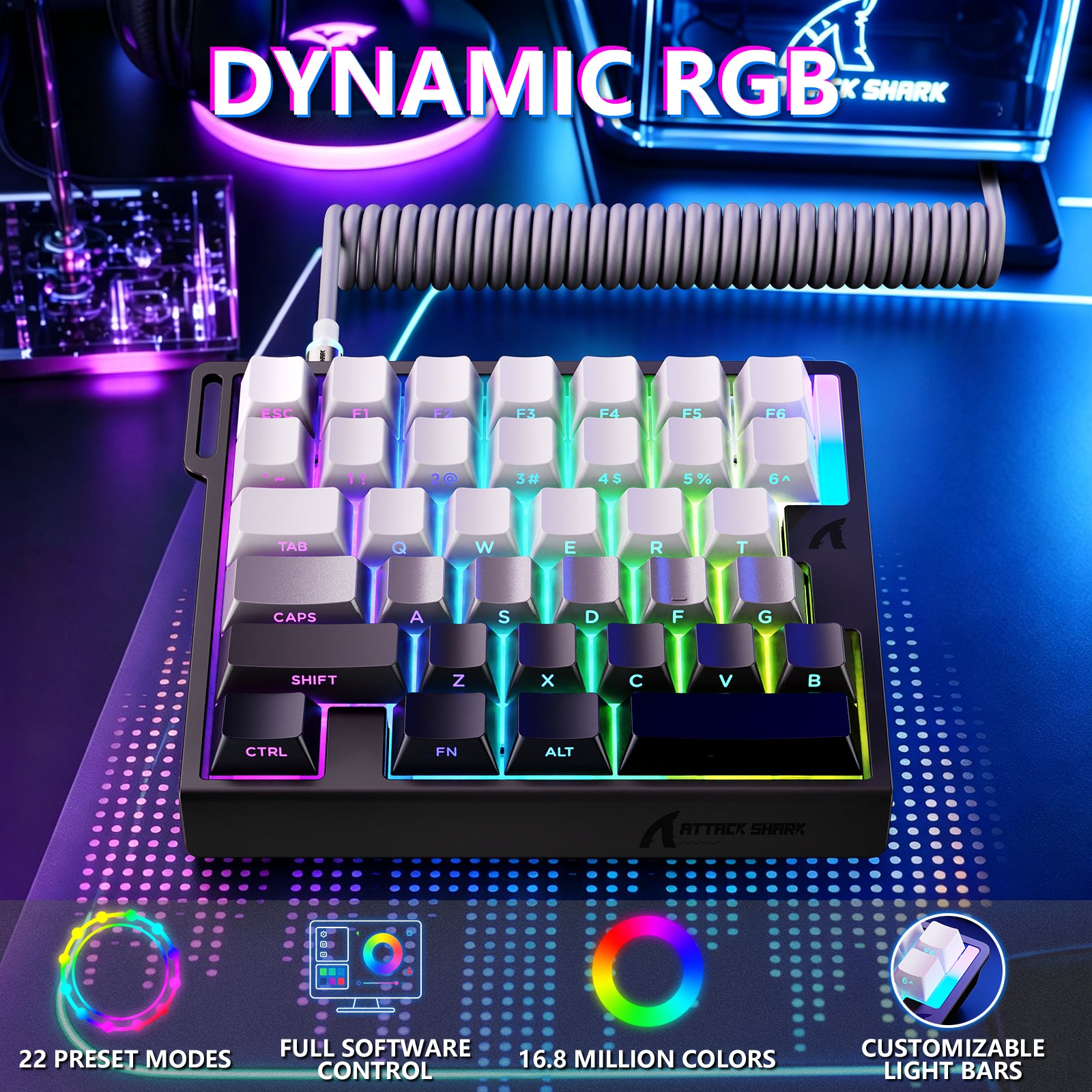 ATTACK SHARK M36 HE Einhändiges Tastatur mit Magnetischem Schalter & C01 ULTRA LED Aviator Kabel