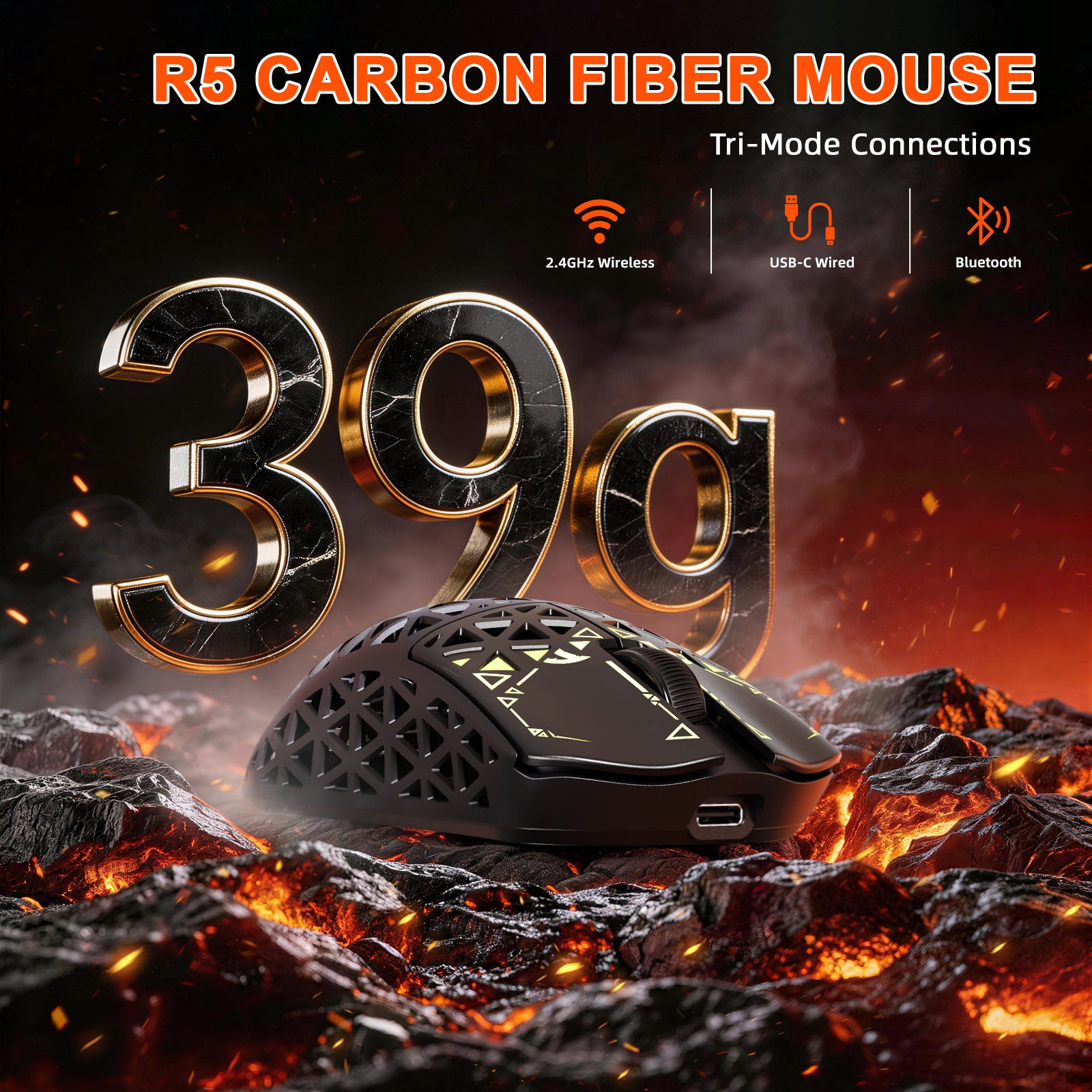 R5 Carbon Fiber Mouse with tri-mode connectivity, 2.4GHz wireless, USB-C wired, Bluetooth