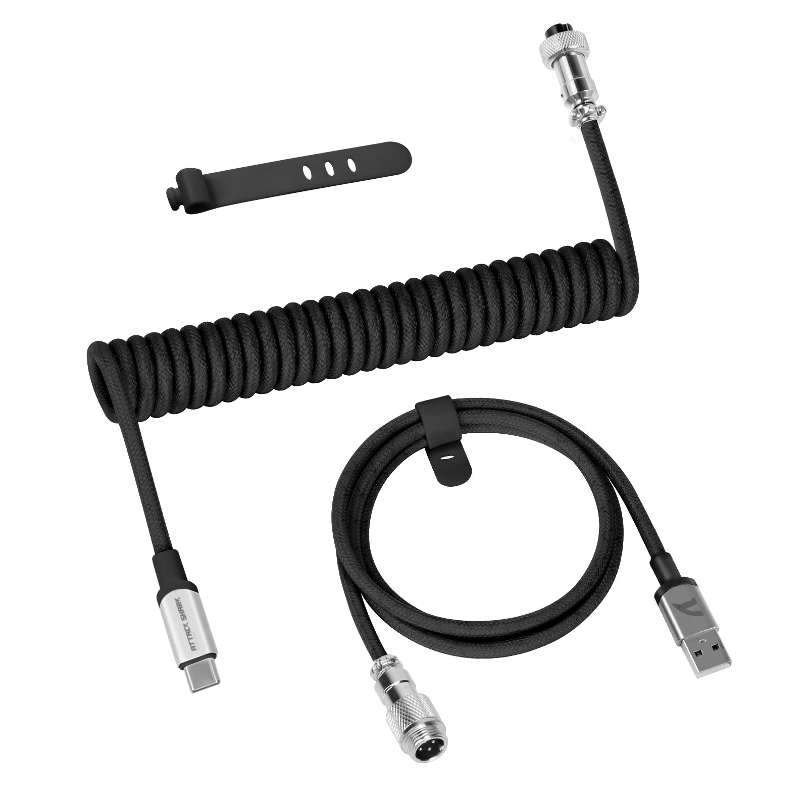 Black coiled USB-C keyboard cable with metal connectors and detachable straight section.