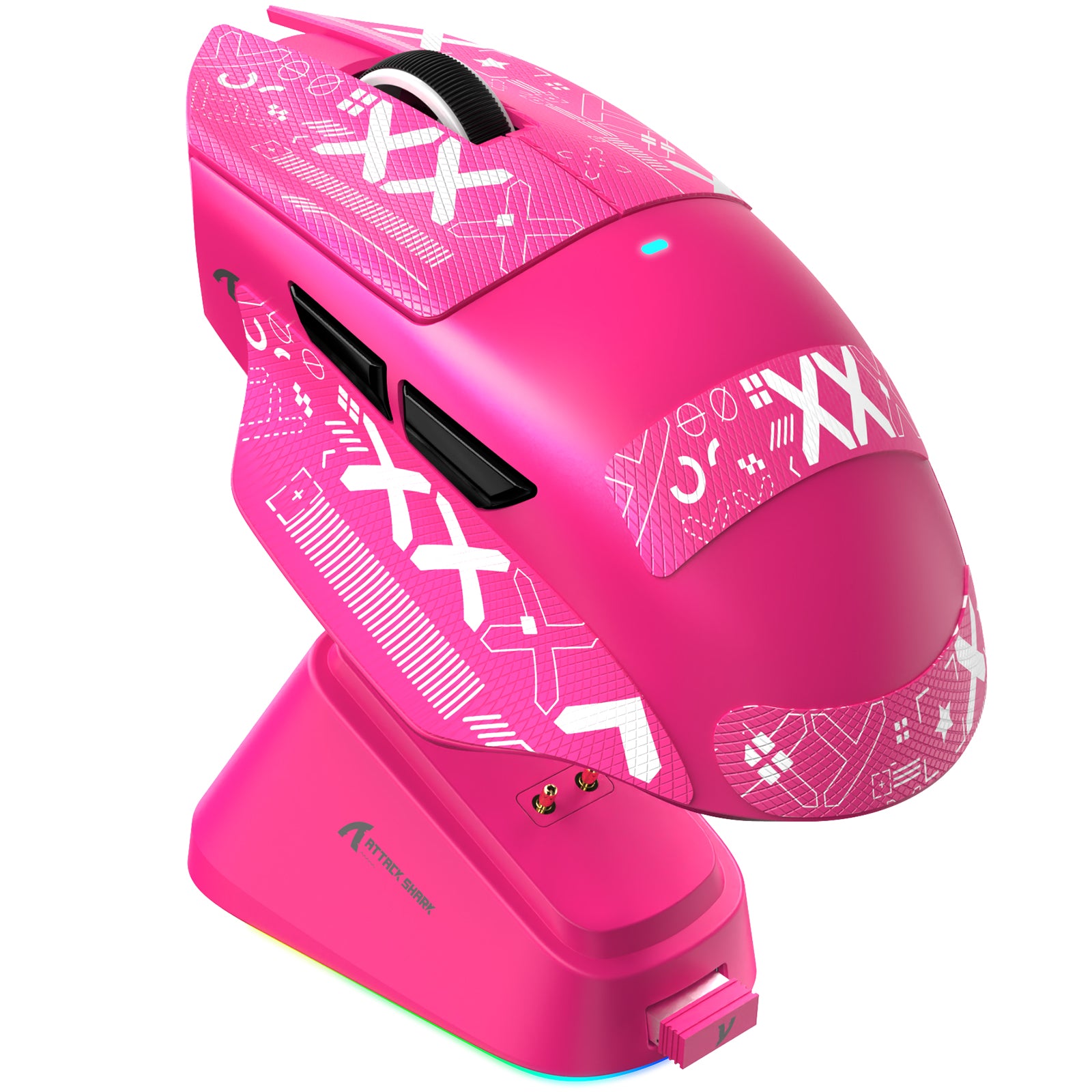 ATTACK SHARK V6 pink ultra-light tri-mode gaming mouse on RGB charging dock