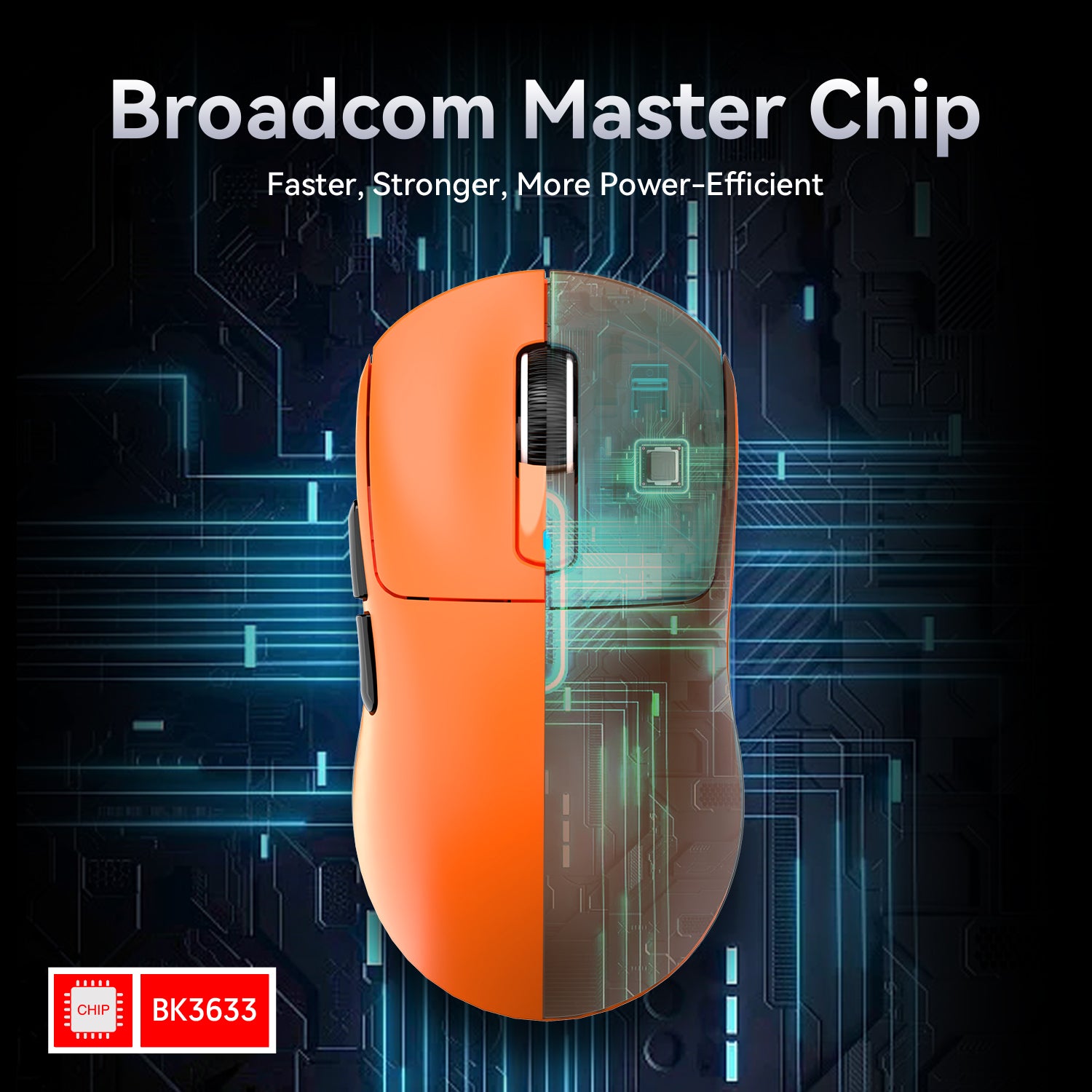 Attack Shark X3 gaming mouse showcasing Broadcom BK3633 chip with tech graphics.