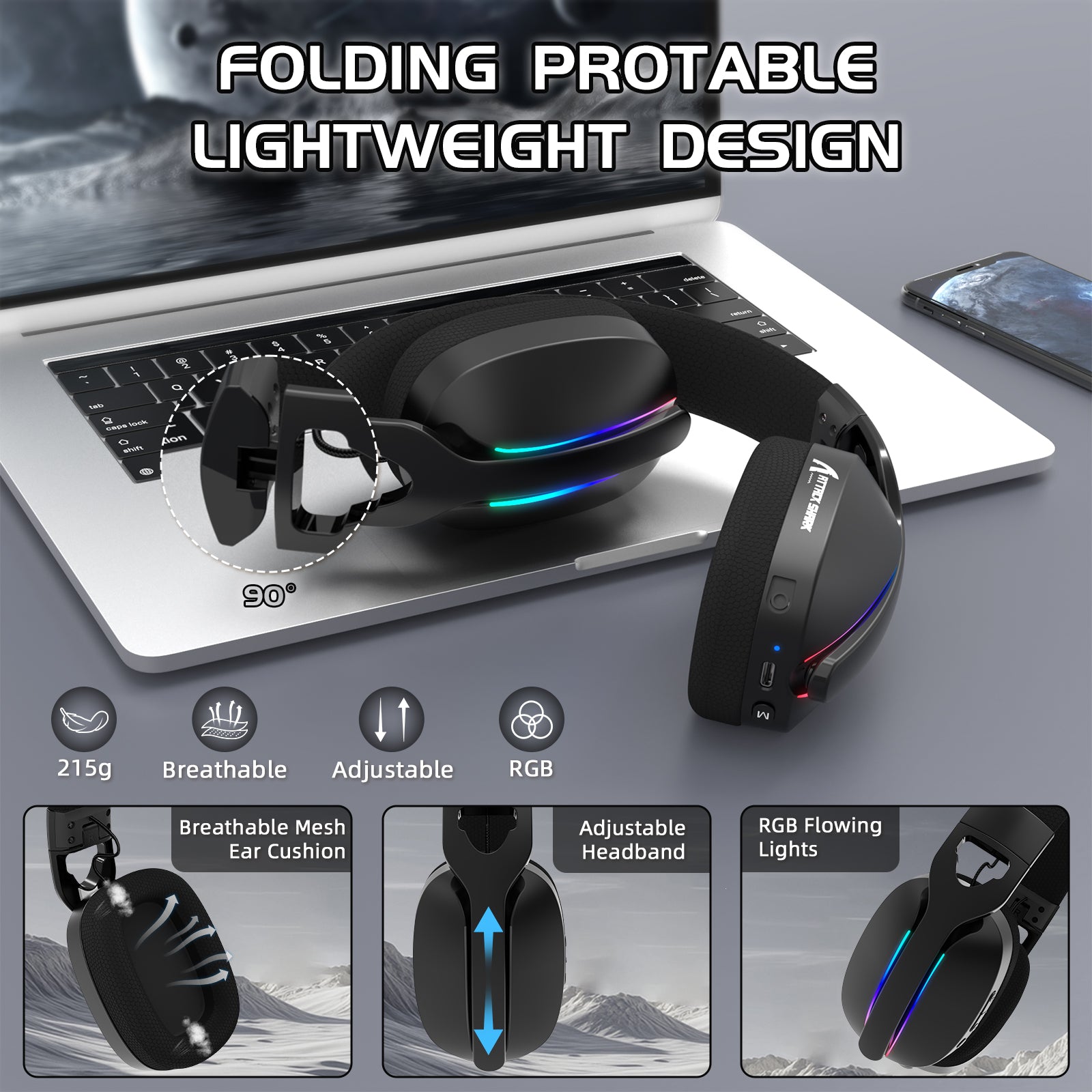 ATTACK SHARK L90 Flodable RGB Ultra-Light Tri-Mode Gaming Headset