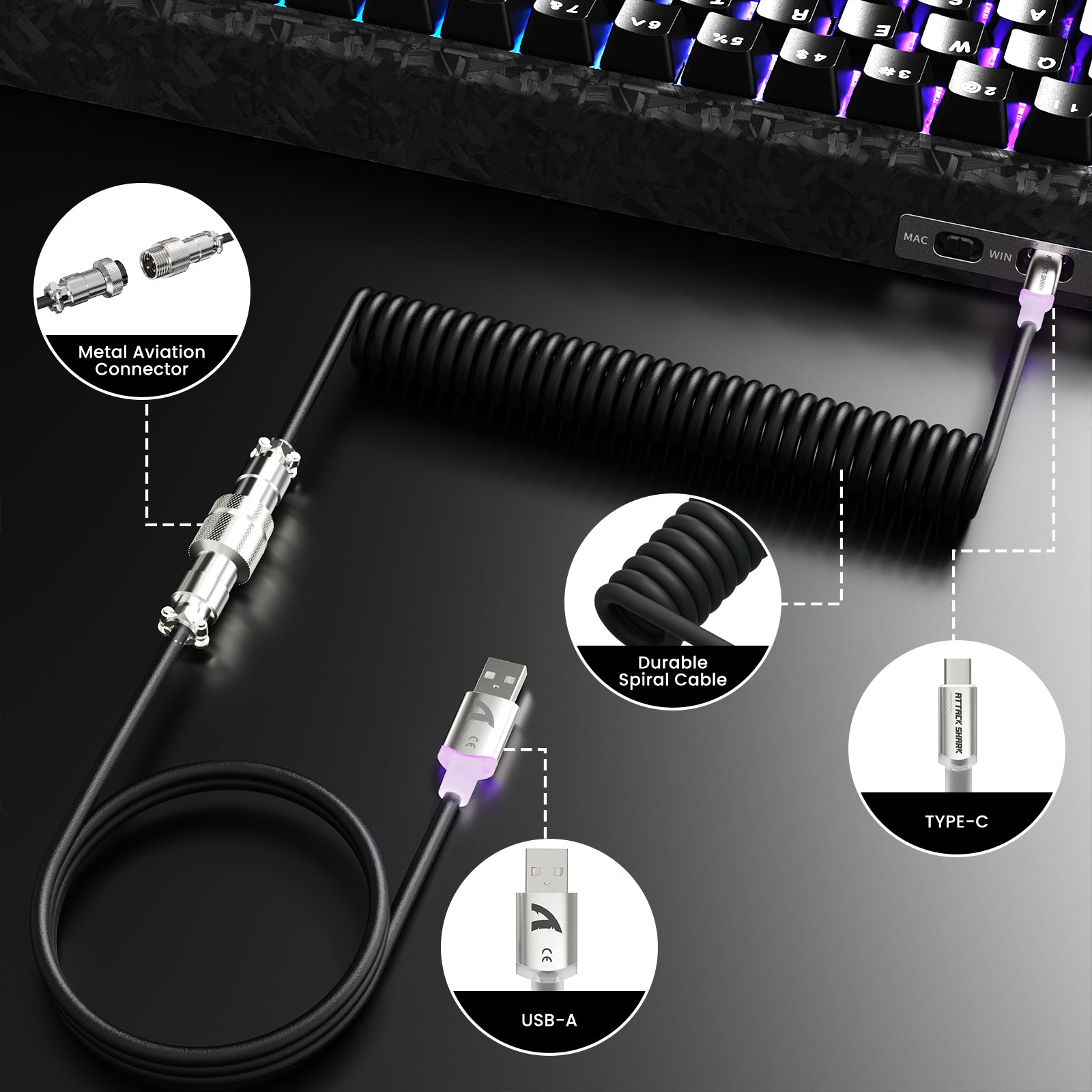 ATTACK SHARK C01 ULTRA coiled gaming cable, metal aviation connector, USB-A, Type-C