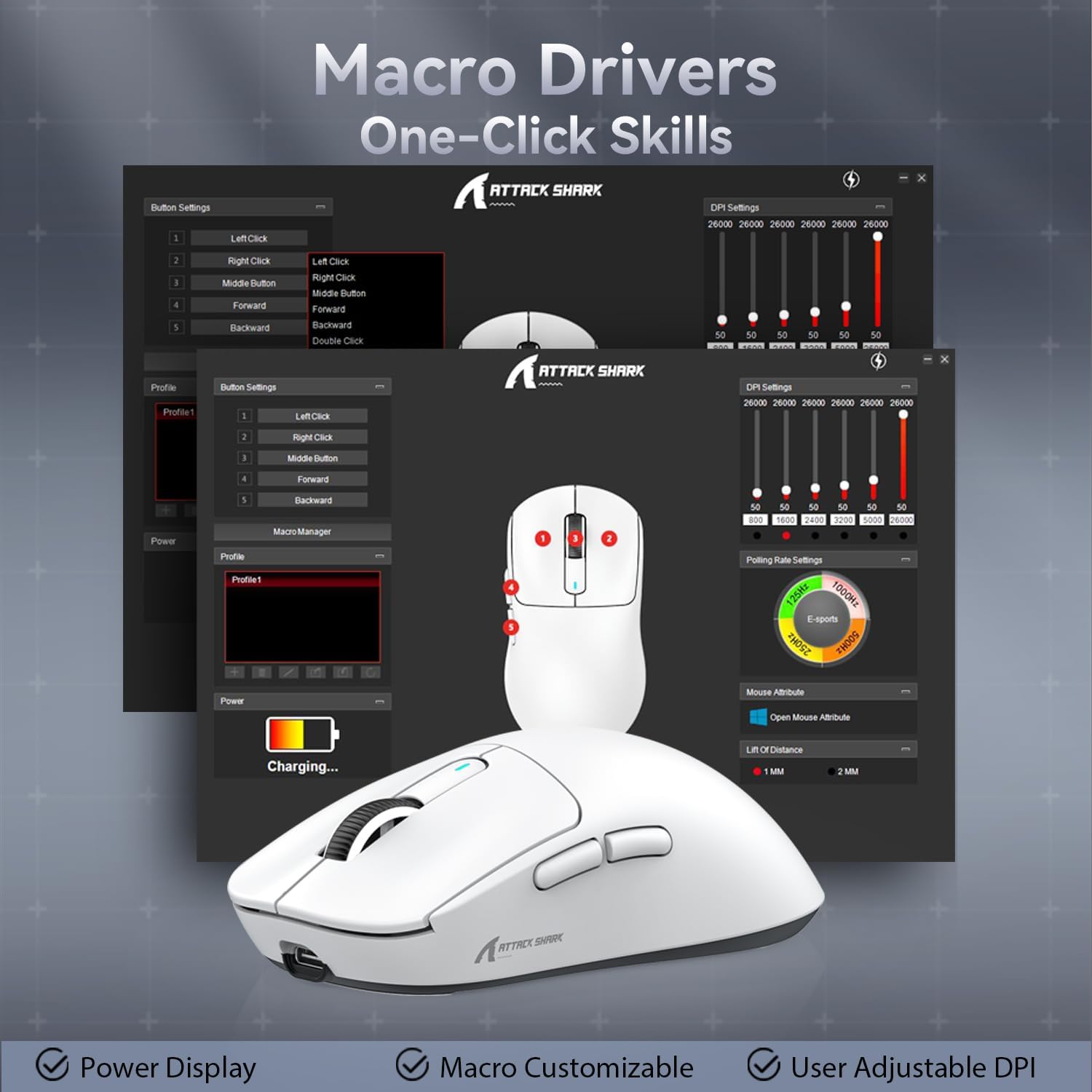 Attack Shark X3 gaming mouse with macro driver settings on computer screens.