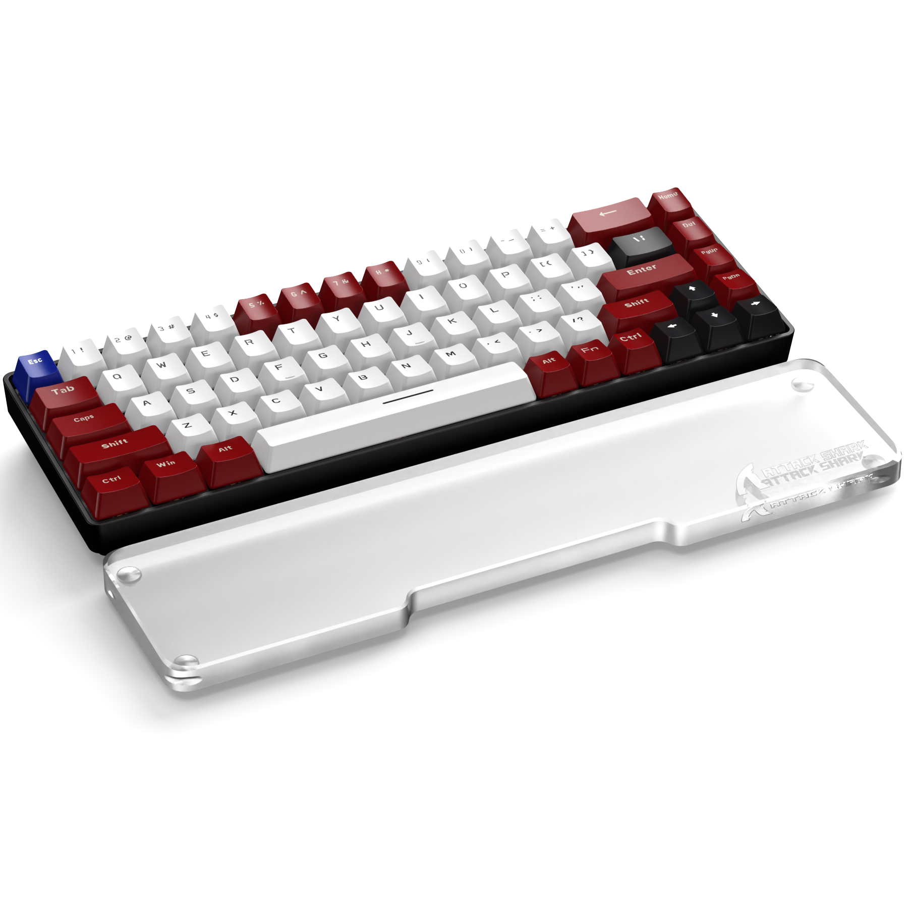 Red and white mechanical keyboard with acrylic wrist rest