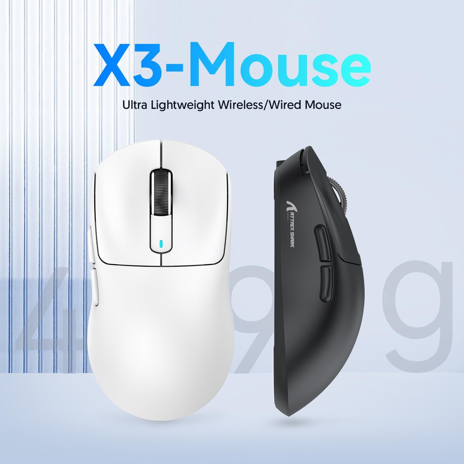 X3 ultra-lightweight gaming mouse in white and black, showcasing ergonomic design