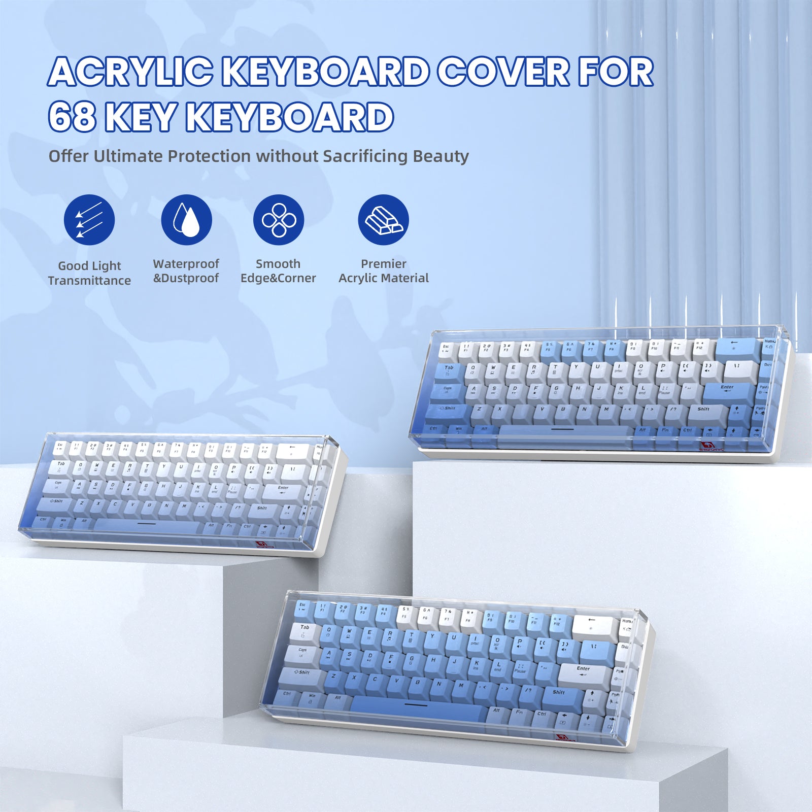 Transparent acrylic keyboard cover for 68-key design, showcasing light transmission features