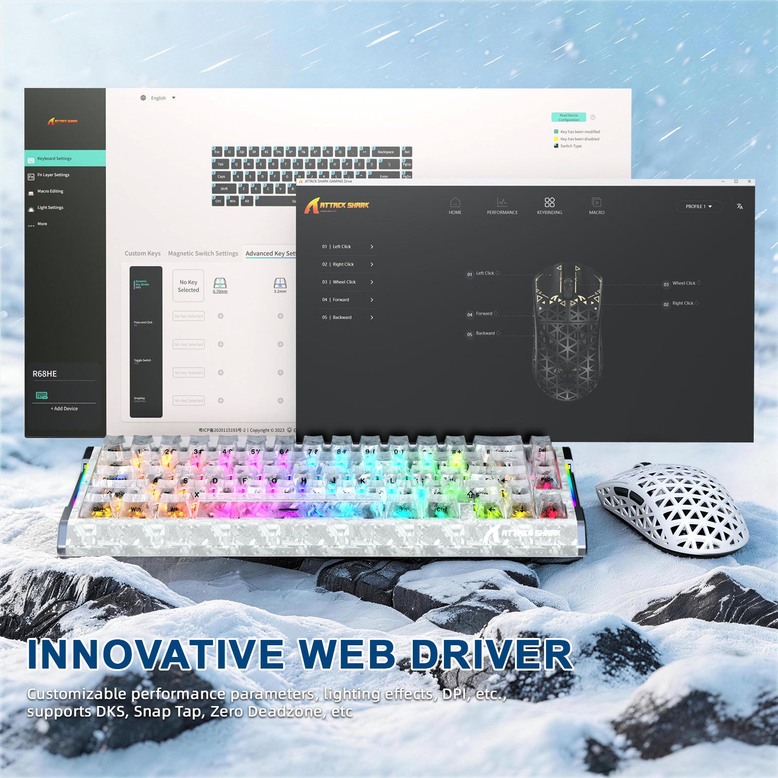 ATTACK SHARK web driver settings for R68HE keyboard and carbon fiber gaming mouse, with customizable DPI and lighting