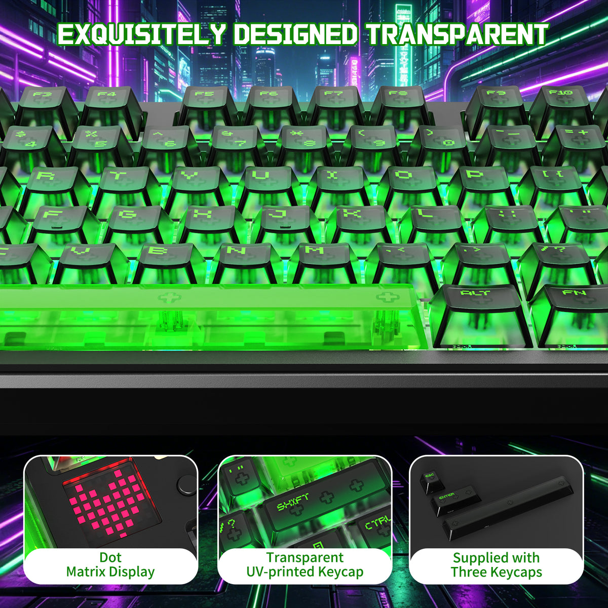Transparent green backlit mechanical keyboard with dot matrix display and UV-printed keycaps