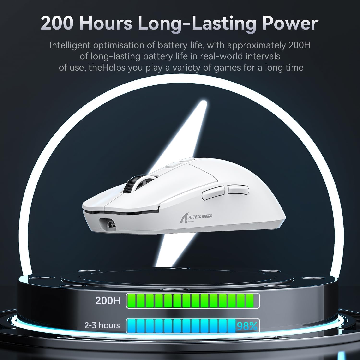 Attack Shark X6 gaming mouse showcasing 200 hours battery life on stylish charging dock