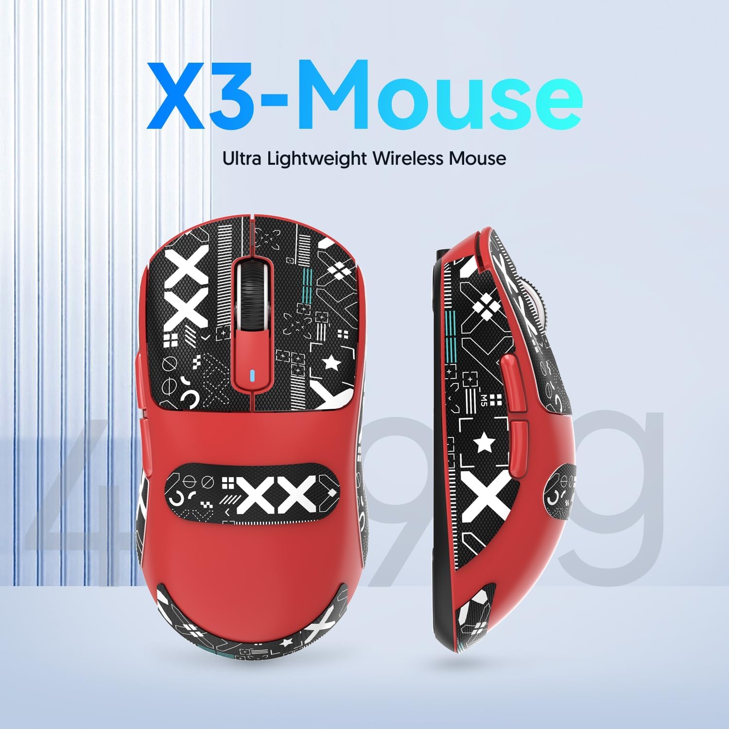 Red Attack Shark X3 ultra-lightweight gaming mouse with graphic design