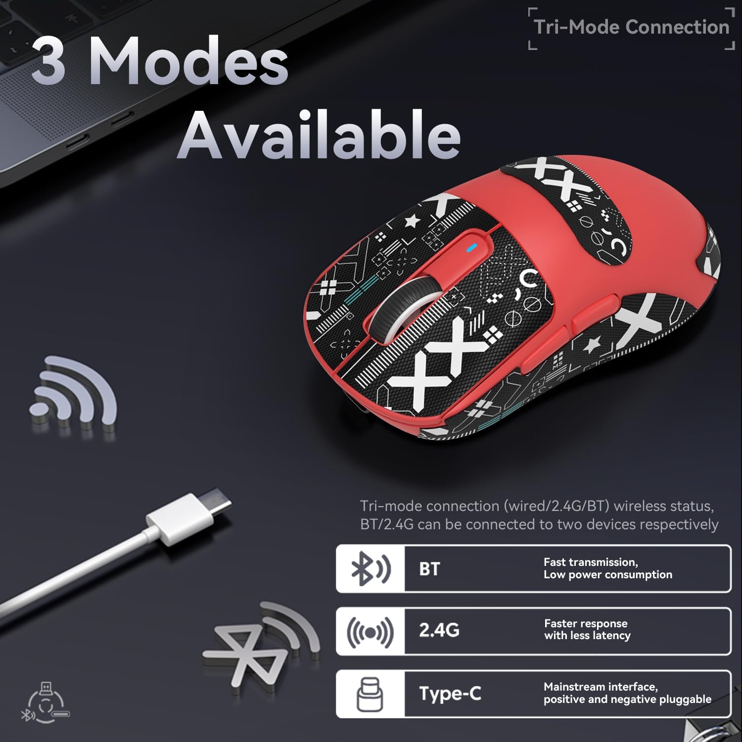 Attack Shark X3 gaming mouse tri-mode connections: wired USB-C, Bluetooth, 2.4GHz.