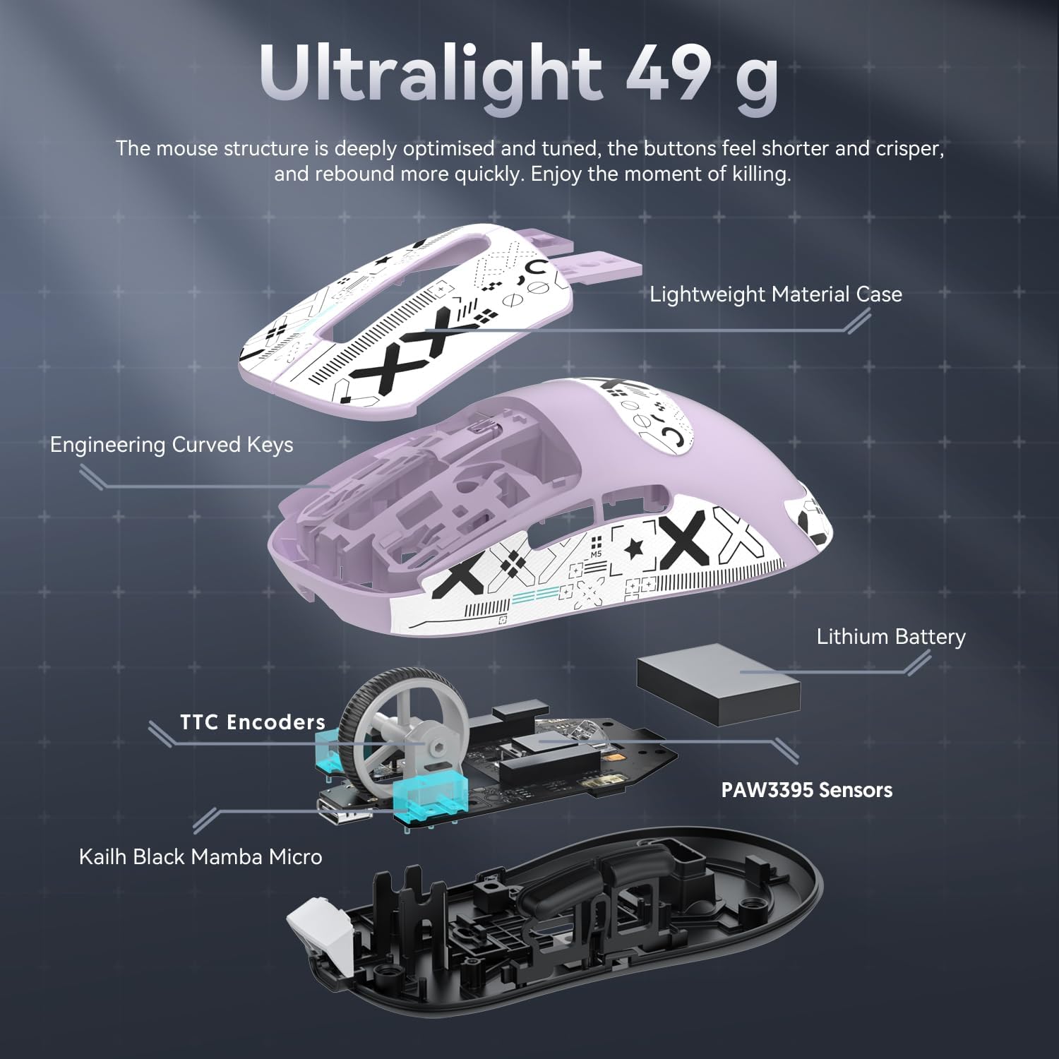 Attack Shark X3 ultra-light gaming mouse features: 49g weight, lithium battery, and PAW3395 sensors.