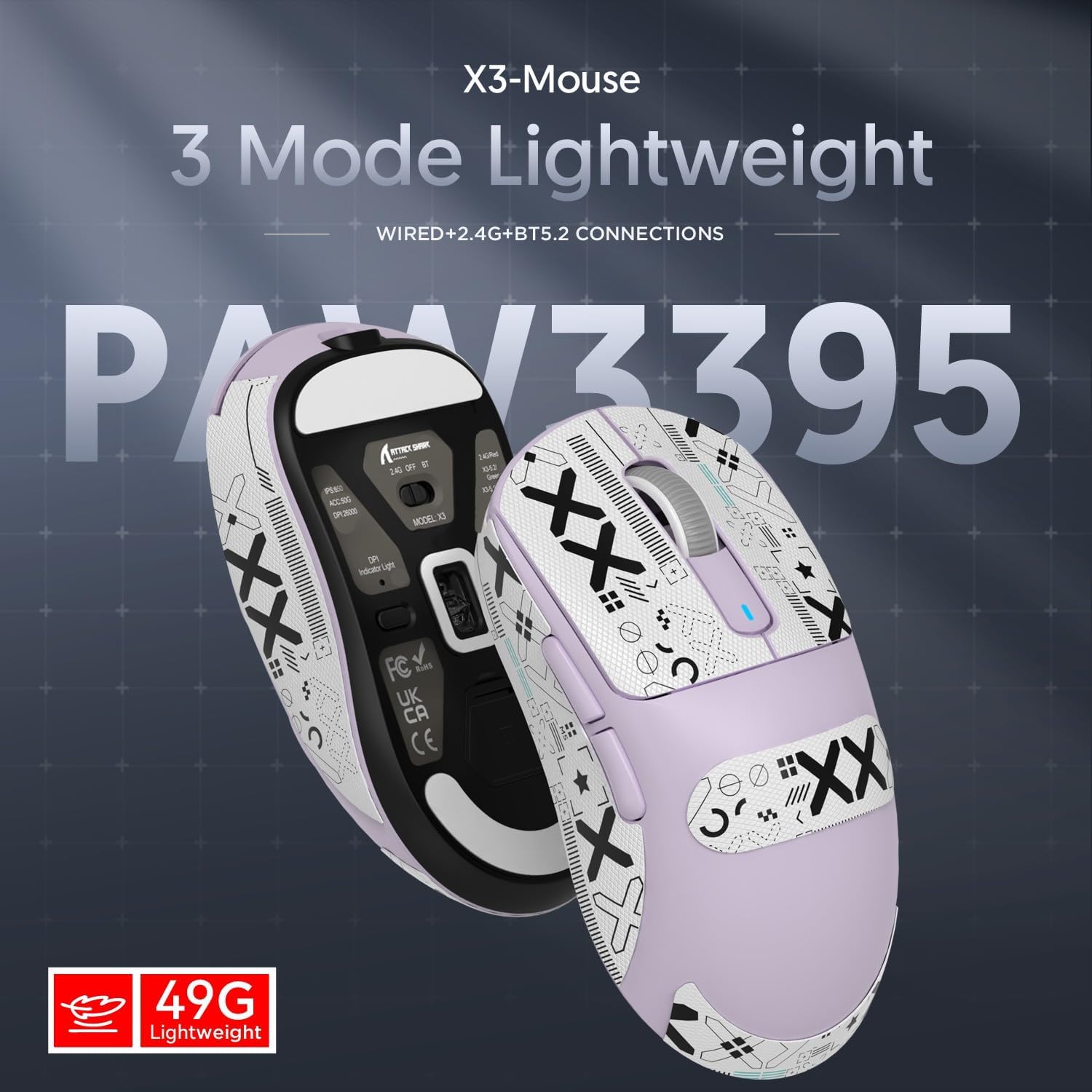 Attack Shark X3 lavender wireless gaming mouse with PAW3395 sensor and tri-mode connectivity.