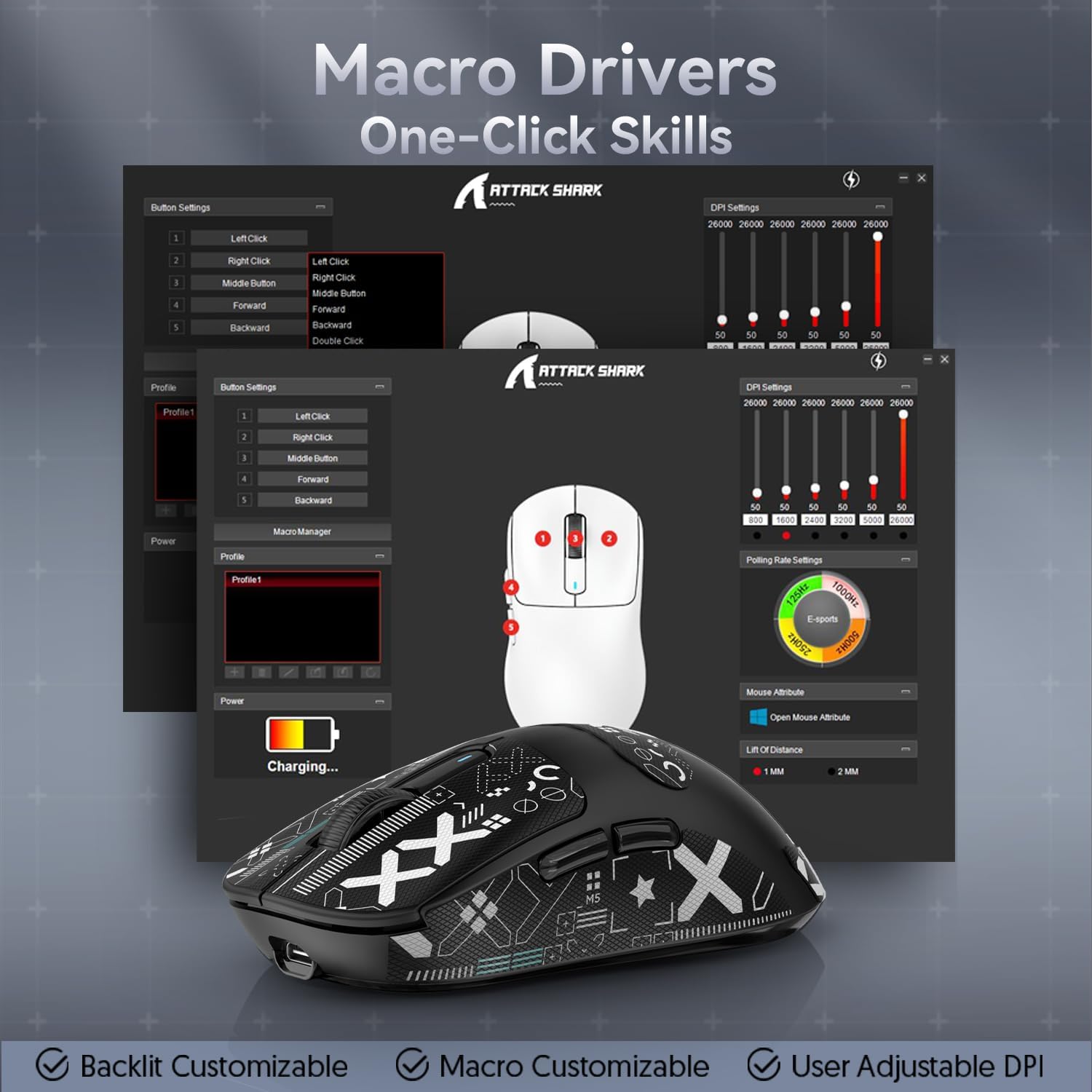 Attack Shark X3 gaming mouse macro driver interface showing customizable settings.