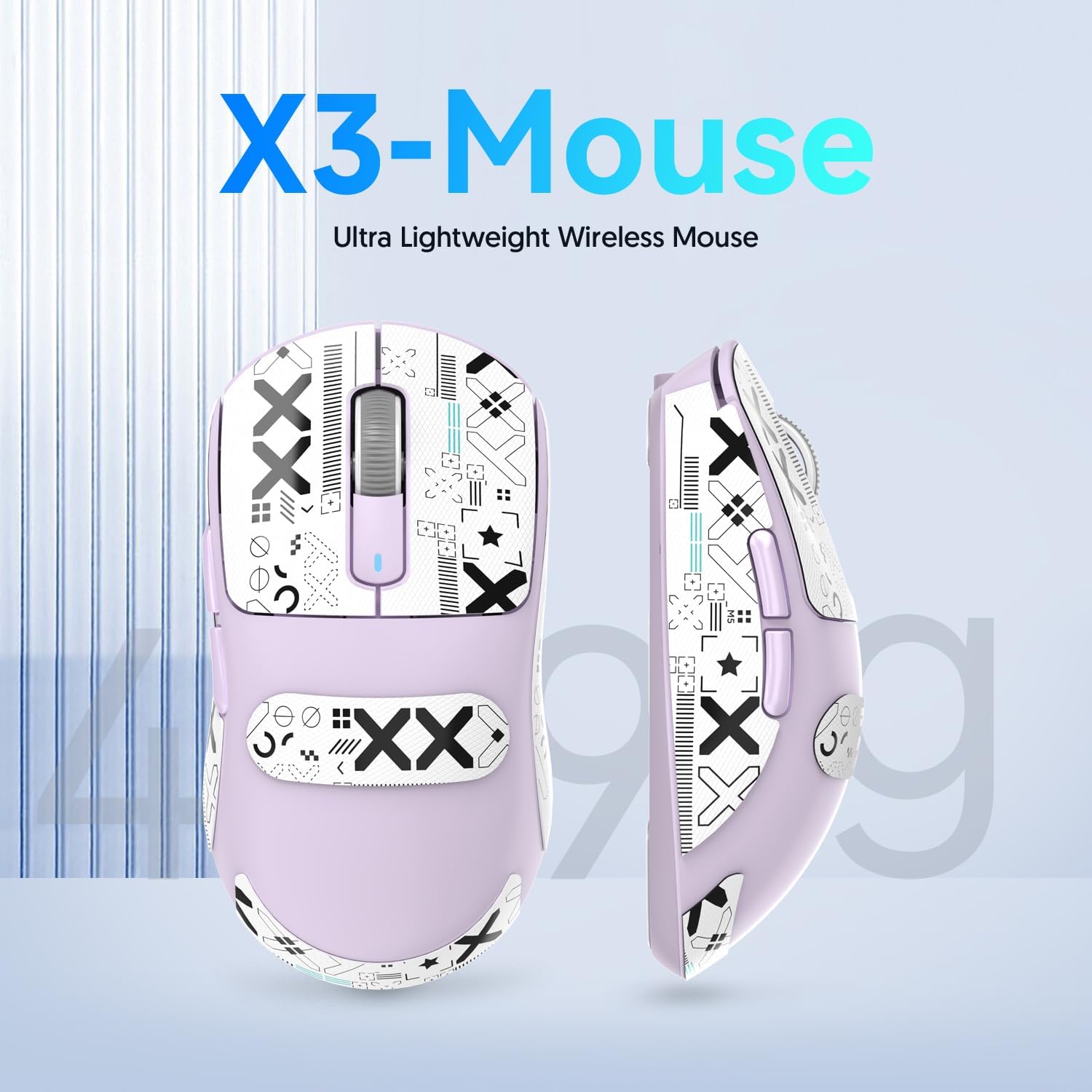 X3 ultra-lightweight lavender wireless gaming mouse with graphic design, 49g weight.