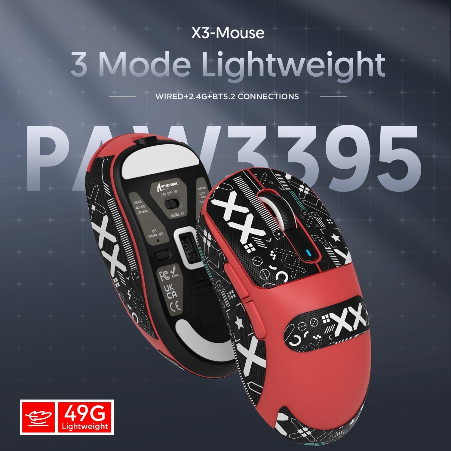 Attack Shark X3 red gaming mouse with PAW3395 sensor and tri-mode connectivity options.