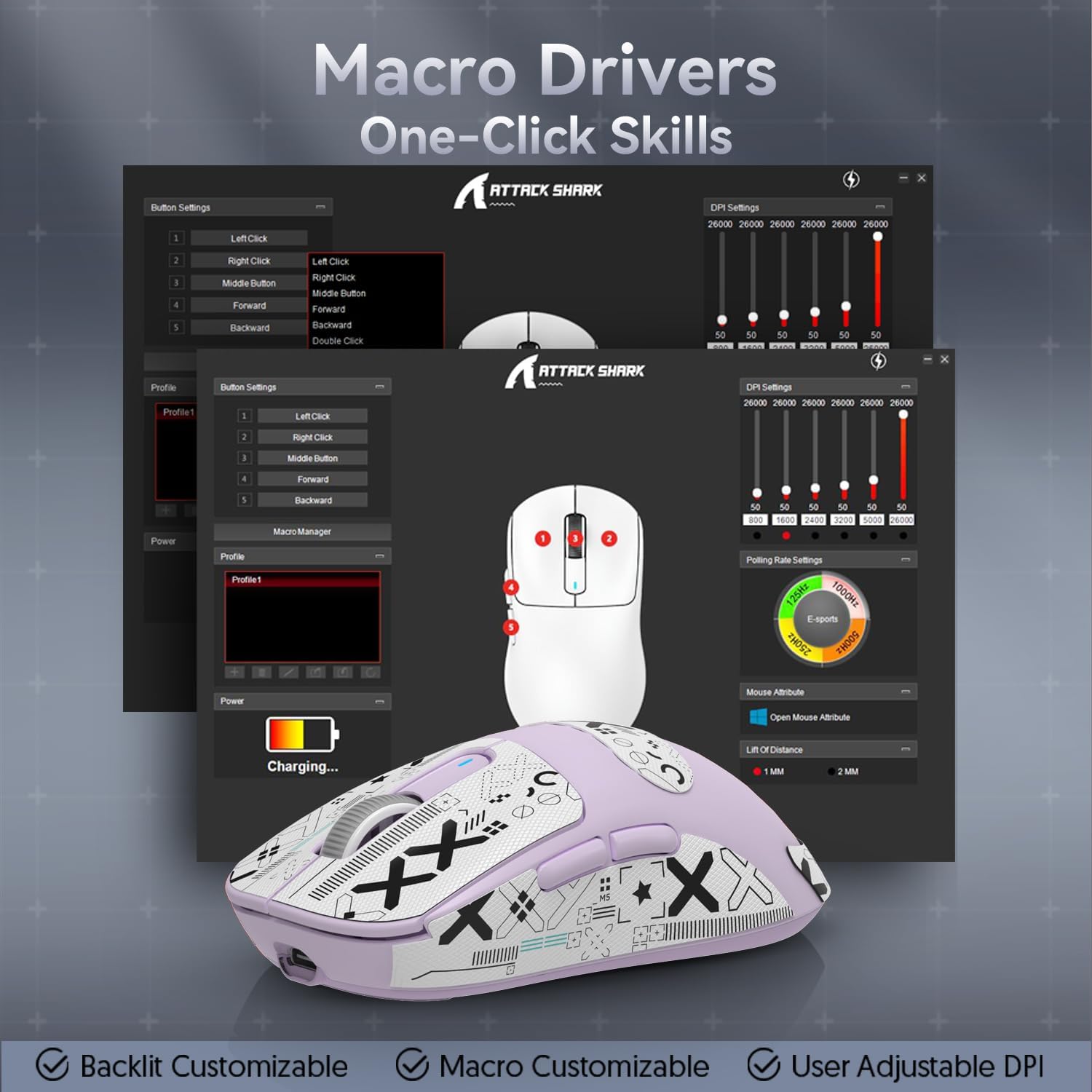 Lavender Attack Shark X3 mouse with macro driver interface for customizable settings.