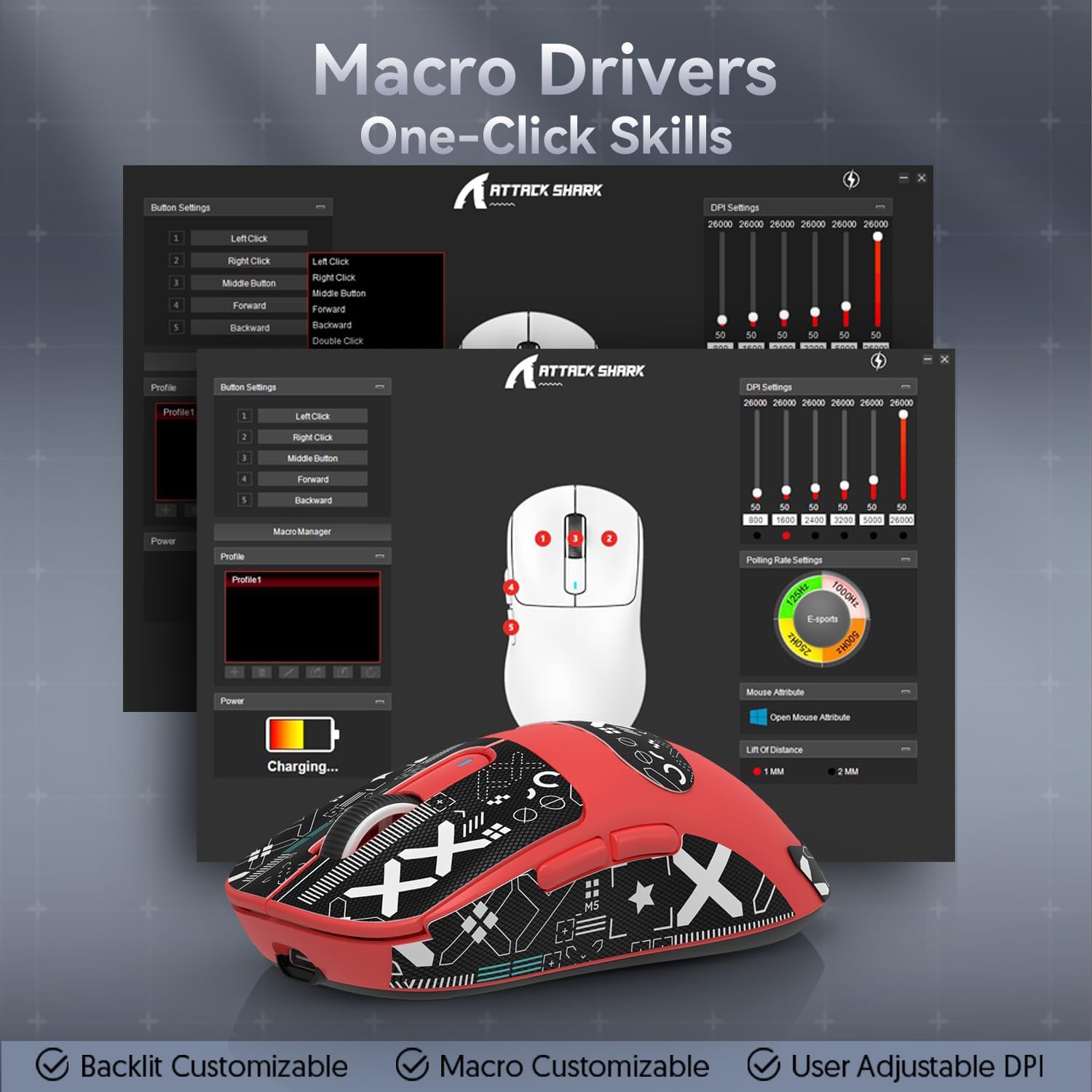 X3 gaming mouse with macro driver settings displayed on screen, featuring customizable options.