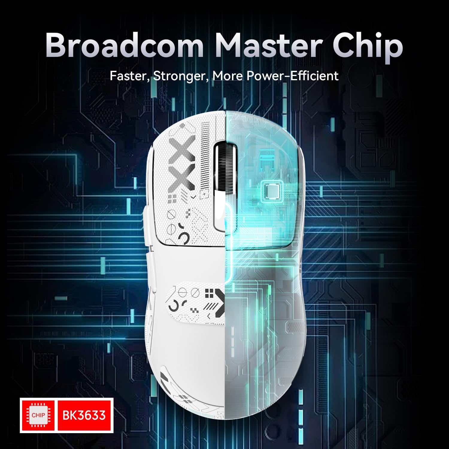 Broadcom BK3633 chip highlighted on Attack Shark X3 gaming mouse, showcasing power efficiency.