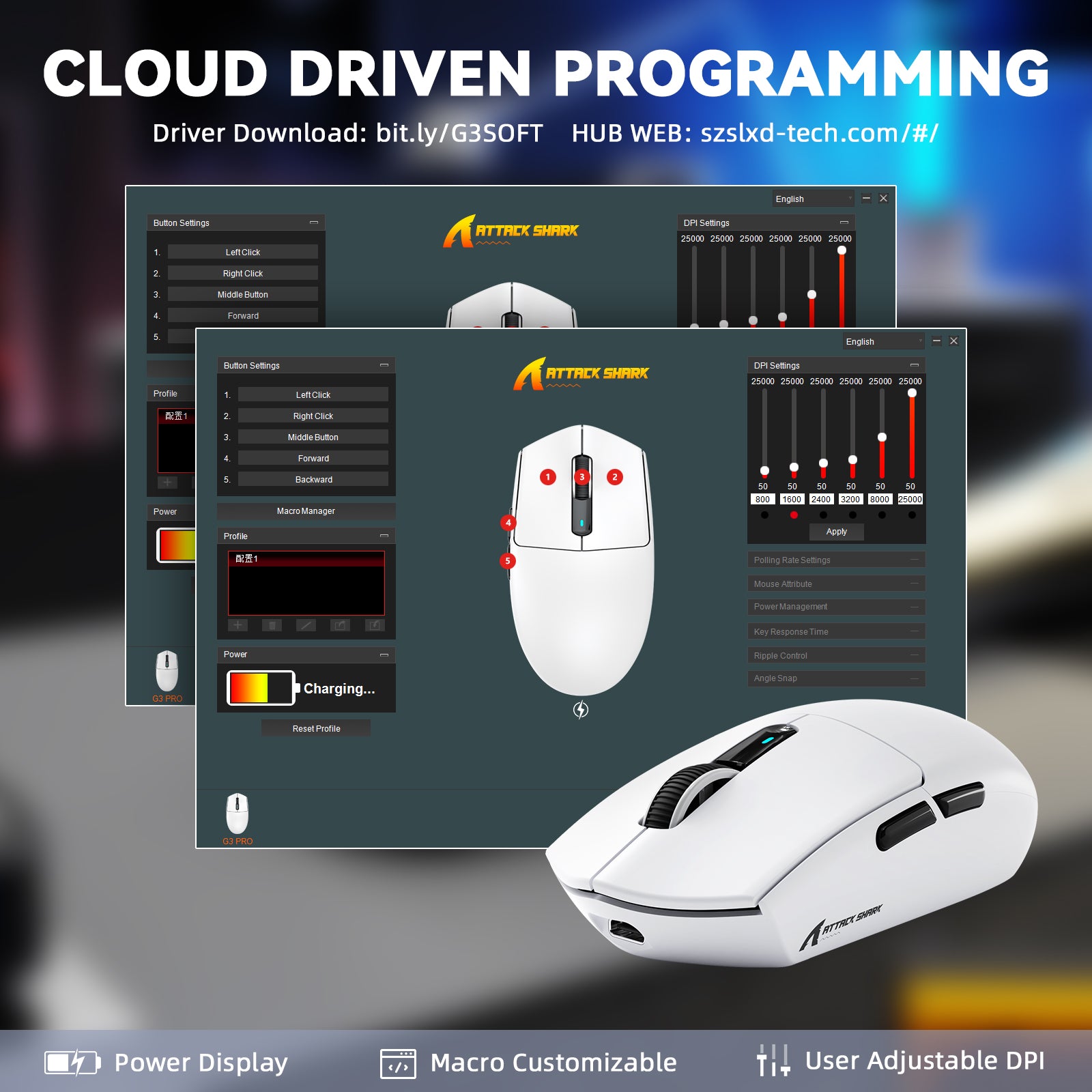 ATTACK SHARK G3PRO Kabellose Tri-Mode-Gaming-Maus mit Ladestation, 25.000 DPI, ultraleicht