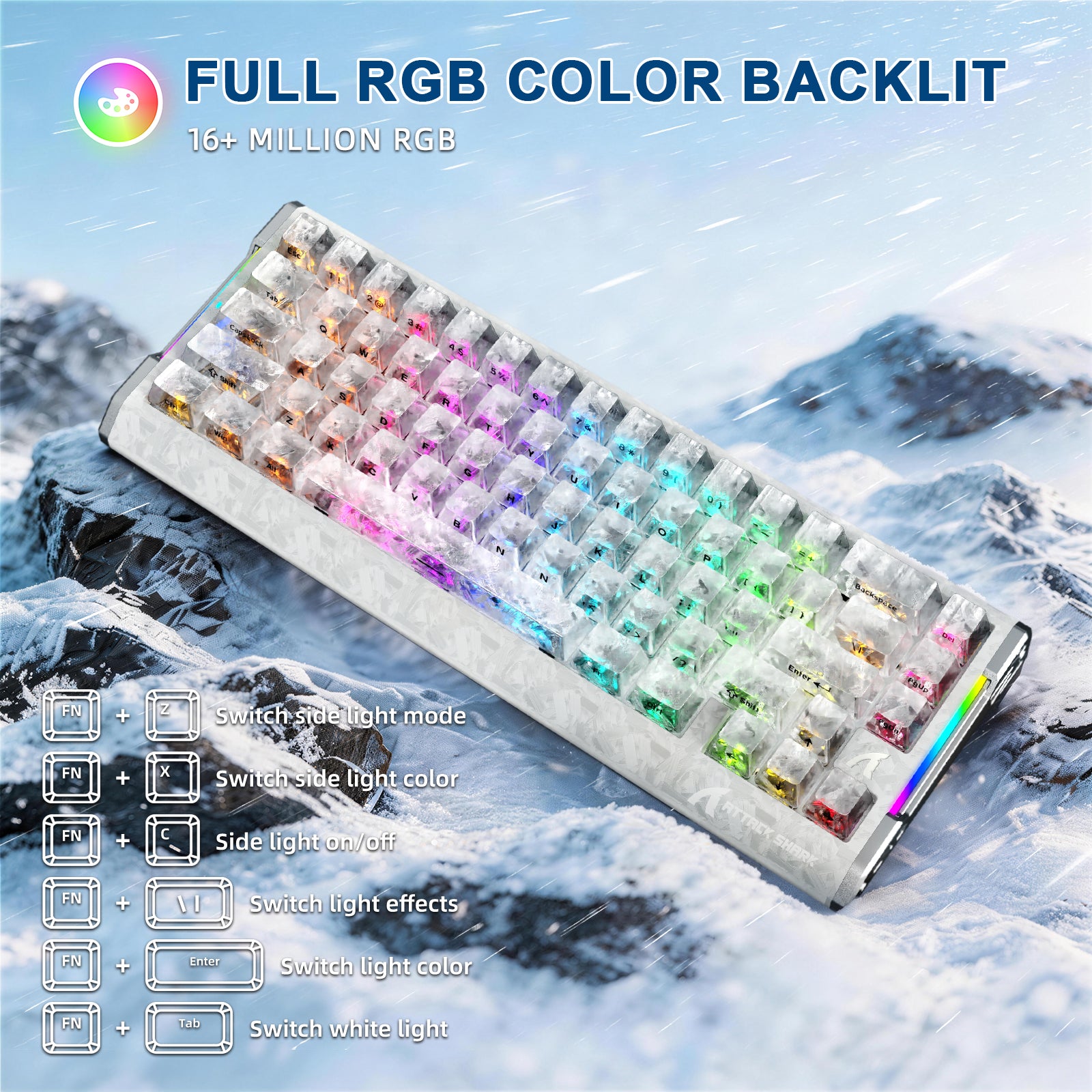 Transparent RGB mechanical gaming keyboard with side glow, full color backlit keys