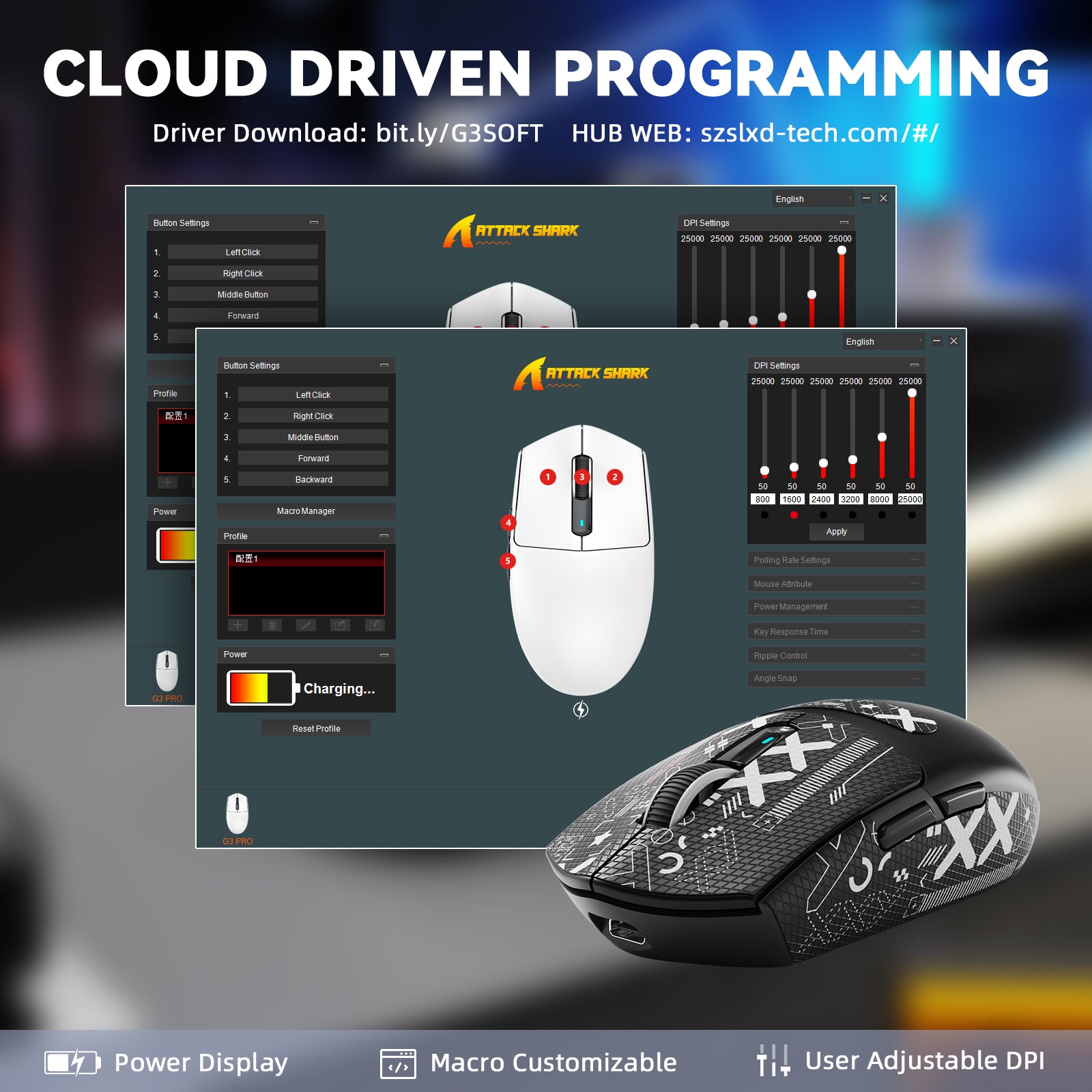 ATTACK SHARK G3PRO Kabellose Tri-Mode-Gaming-Maus mit Ladestation, 25.000 DPI, ultraleicht