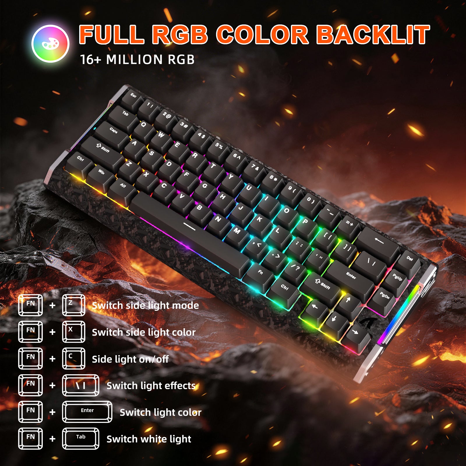 R68 HE 60% carbon fiber gaming keyboard with full RGB backlight and side lighting