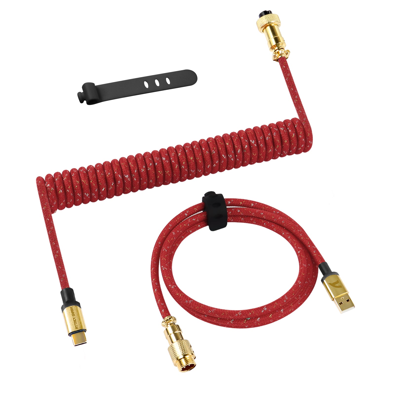 Red coiled USB-C keyboard cable with gold connectors and tangle-resistant design