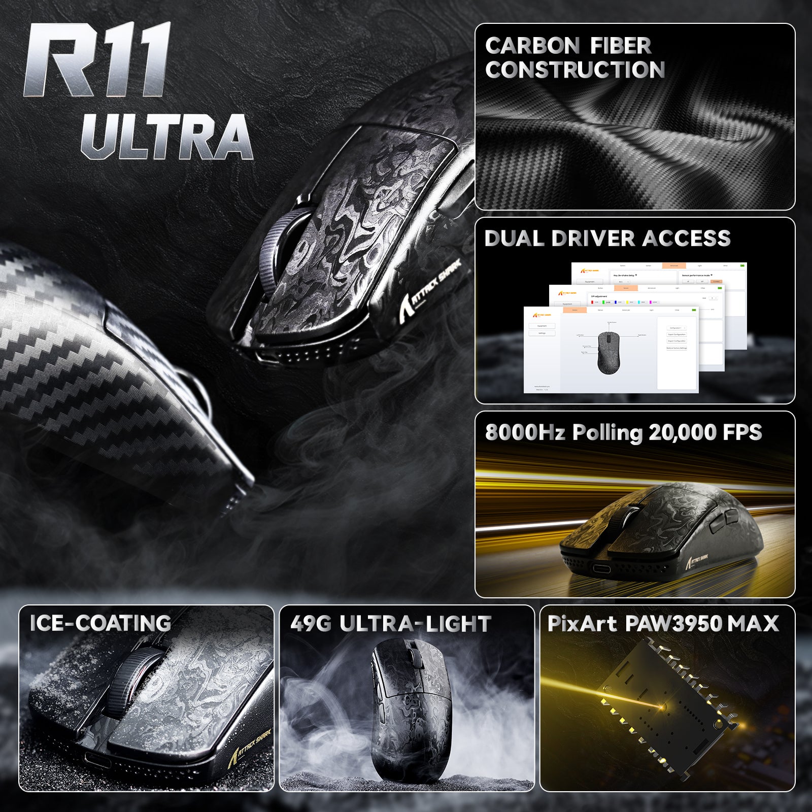 ATTACK SHARK R11 ULTRA Carbon Fiber Wireless 8K PAW3950MAX Gaming-Maus