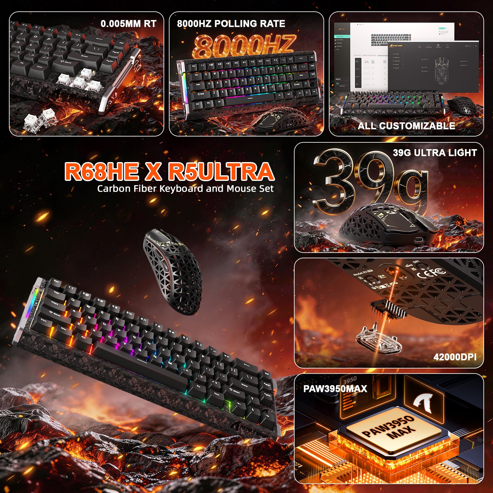 ATTACK SHARK R68HE and R5 Ultra carbon fiber gaming keyboard and mouse bundle with RGB, 8000Hz, 39g mouse