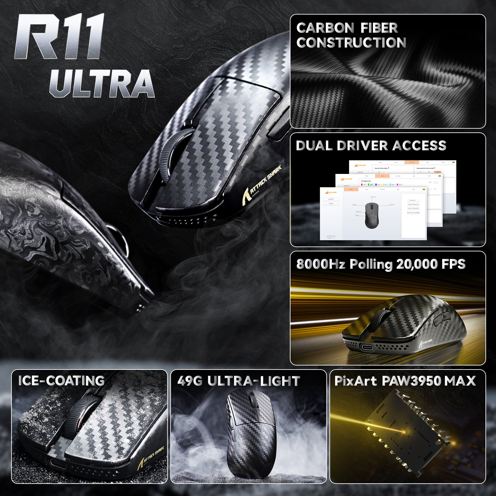 ATTACK SHARK R11 ULTRA Carbon Fiber Wireless 8K PAW3950MAX Gaming-Maus mit C06 Ultra LED-Kabel