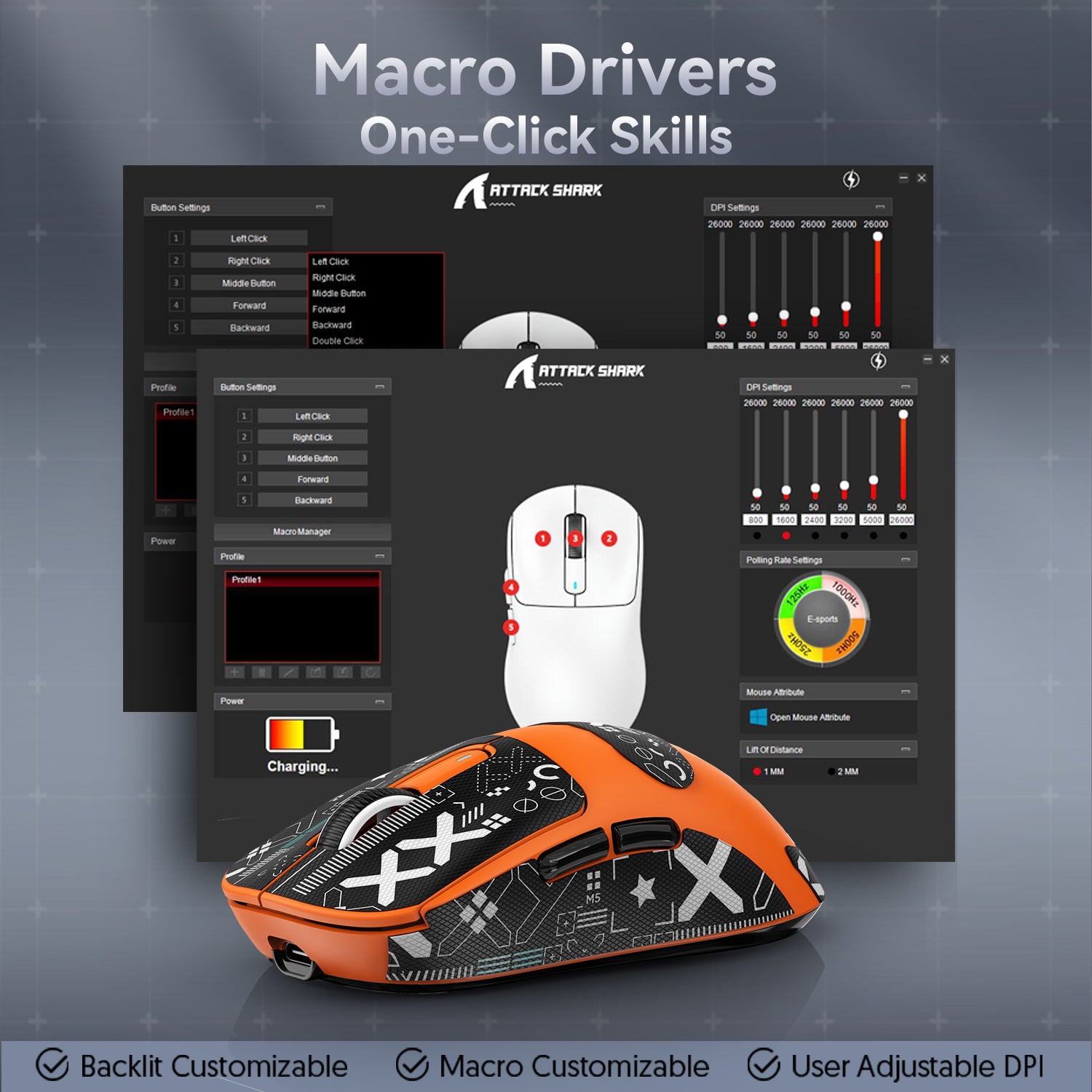 Attack Shark X3 mouse with macro driver interface for customizable settings and adjustable DPI.