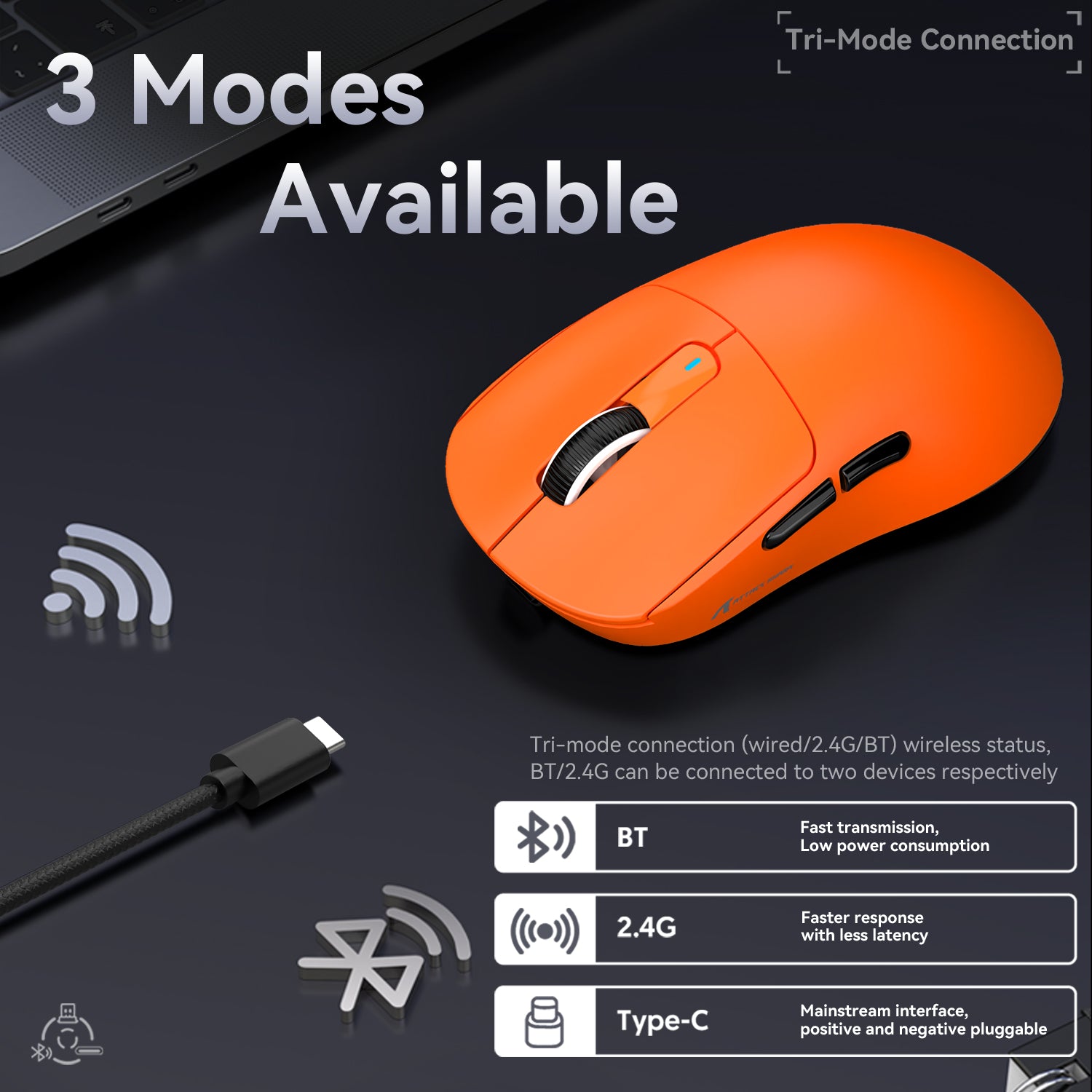 X3 Wireless Gaming Mouse in orange showing tri-mode connection options: USB-C, Bluetooth, 2.4GHz.