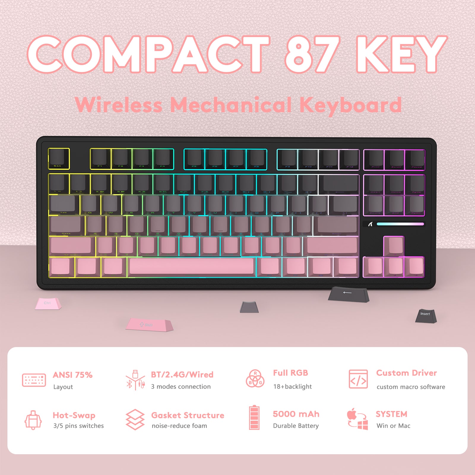 ATTACK SHARK M87PRO Kabellose mechanische Tastatur mit seitlich bedruckten PBT-Tastenkappen