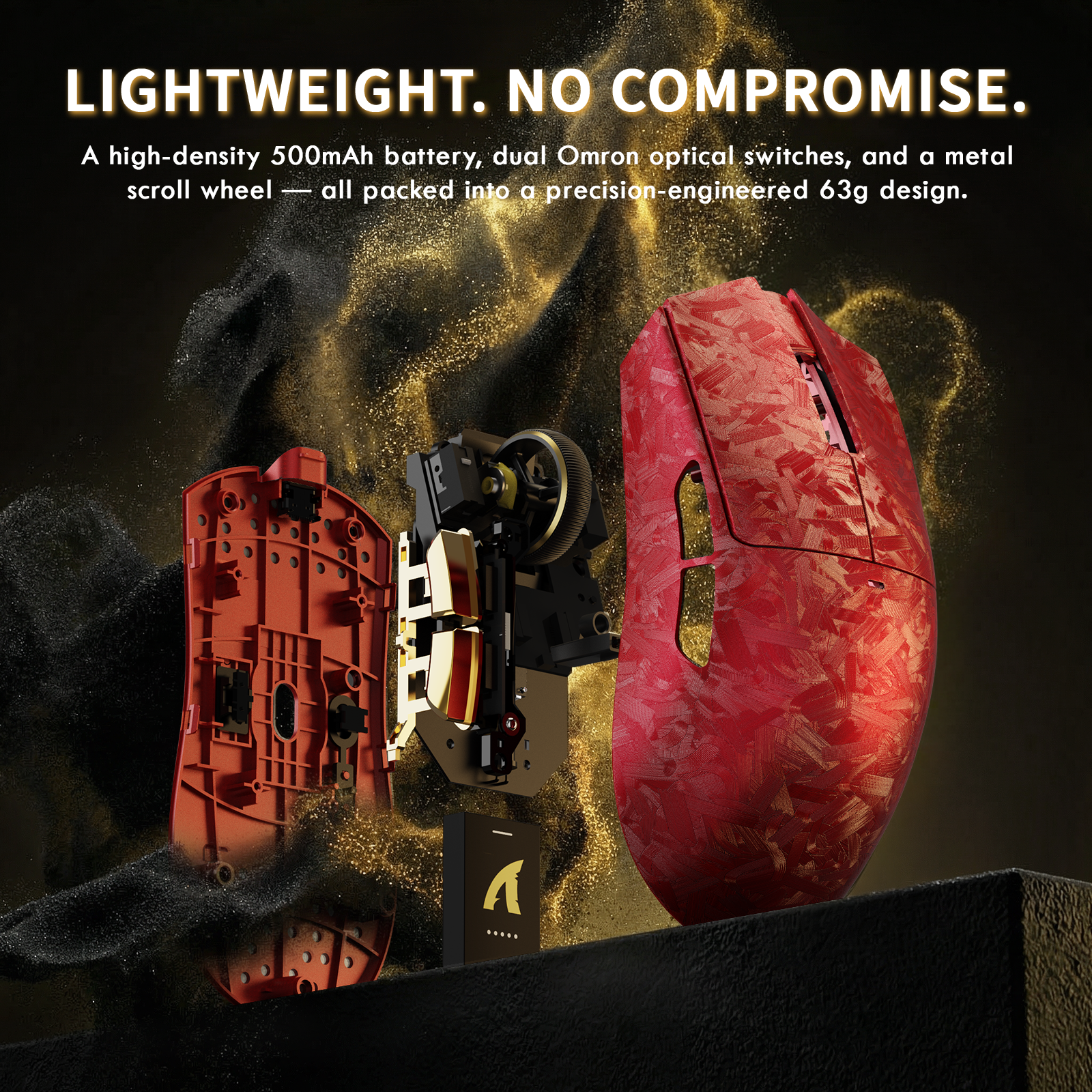 Red ATTACK SHARK X11 ULTRA carbon fiber gaming mouse exploded view with 63g design