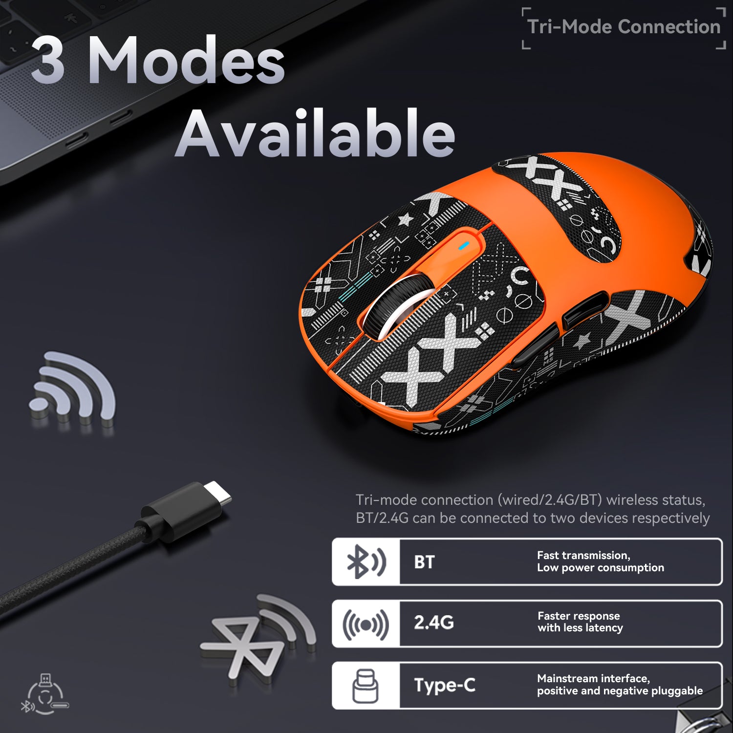 Attack Shark X3 wireless mouse highlighting tri-mode connections: USB-C, 2.4GHz, Bluetooth.