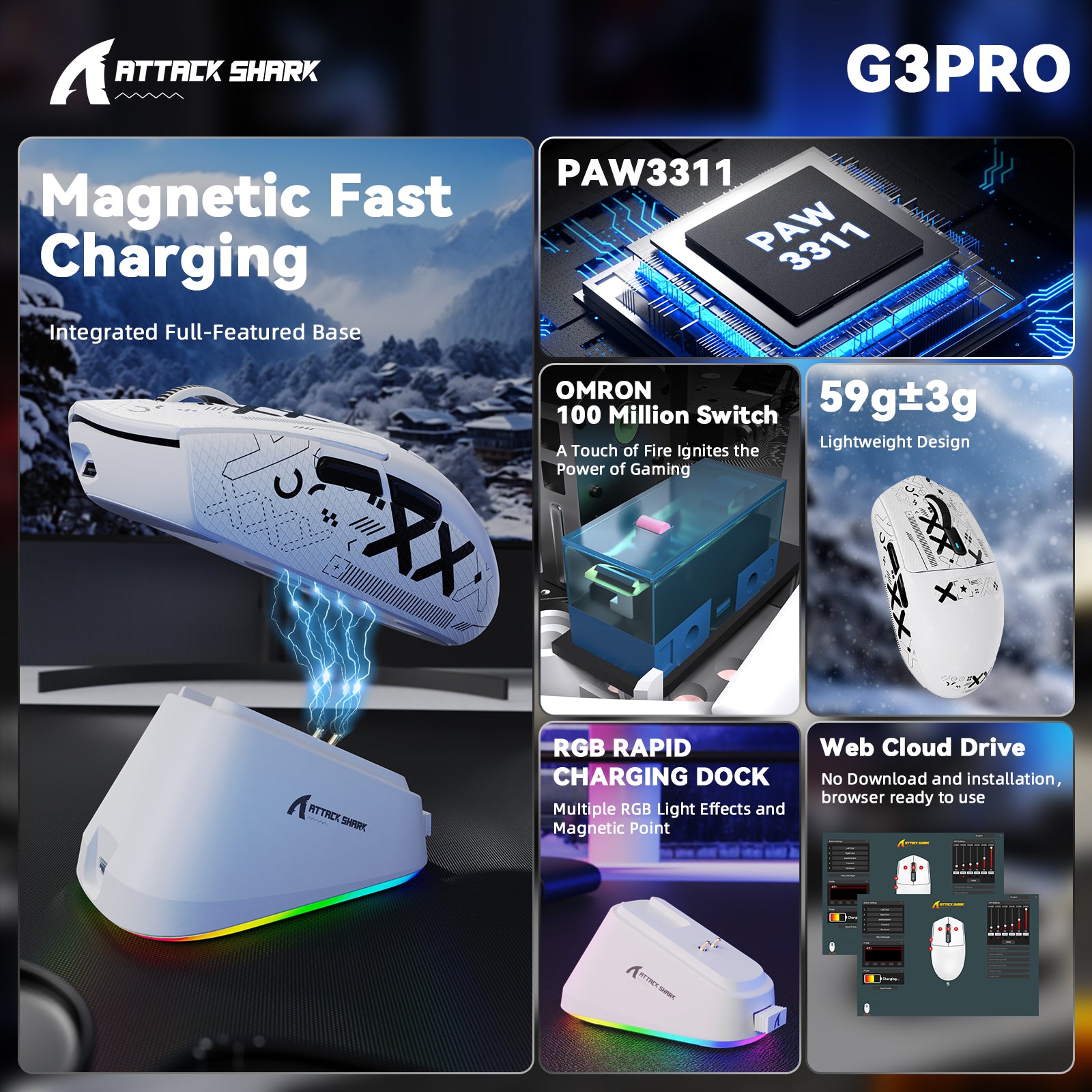 ATTACK SHARK G3PRO Kabellose Tri-Mode-Gaming-Maus mit Ladestation, 25.000 DPI, ultraleicht