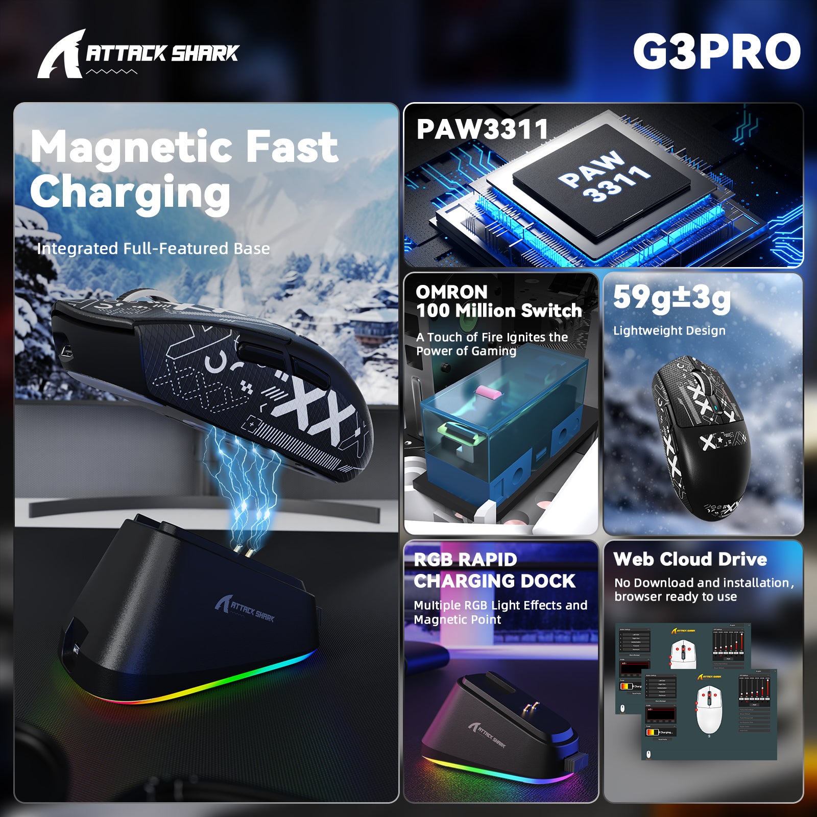 ATTACK SHARK G3PRO Kabellose Tri-Mode-Gaming-Maus mit Ladestation, 25.000 DPI, ultraleicht
