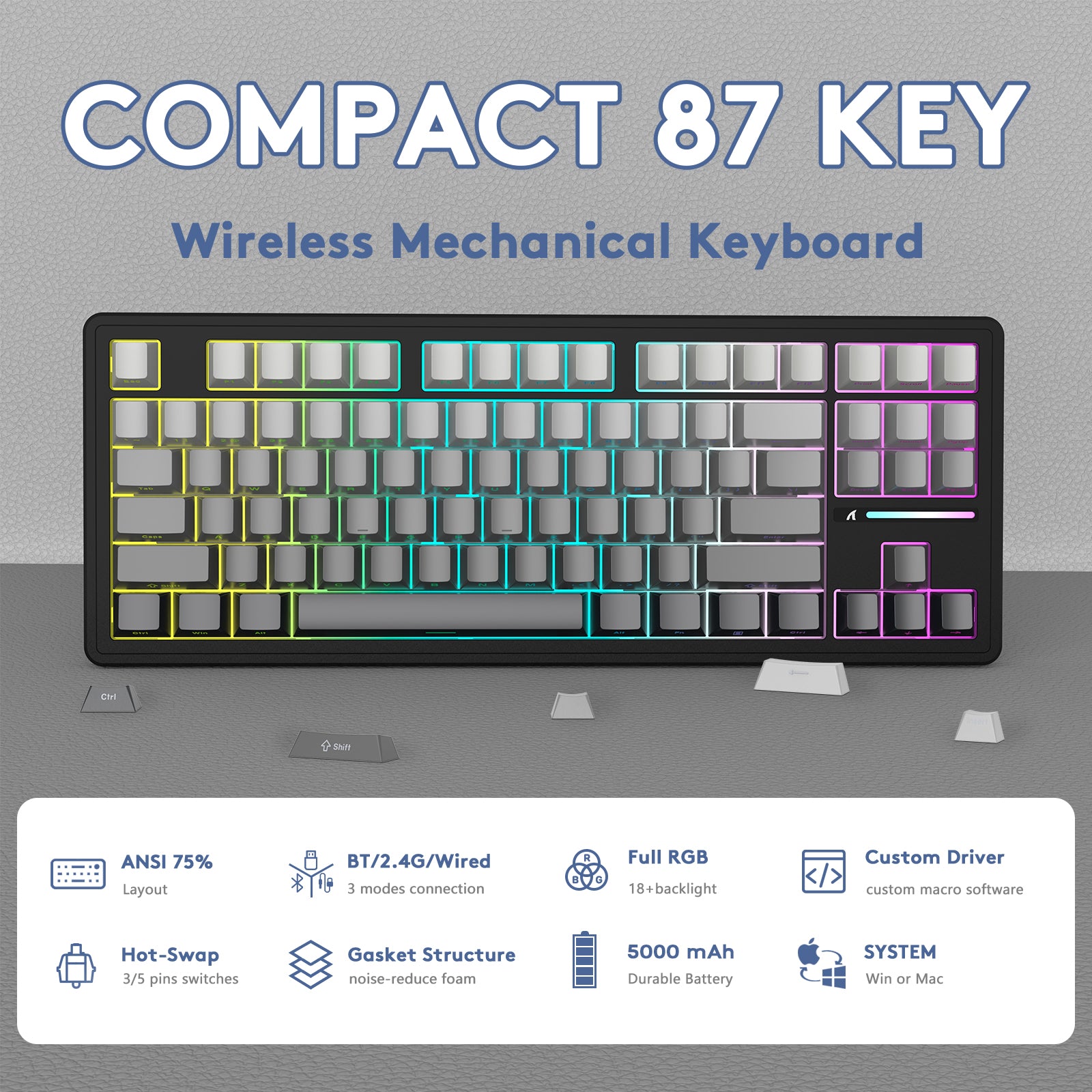 ATTACK SHARK M87PRO Kabellose mechanische Tastatur mit seitlich bedruckten PBT-Tastenkappen