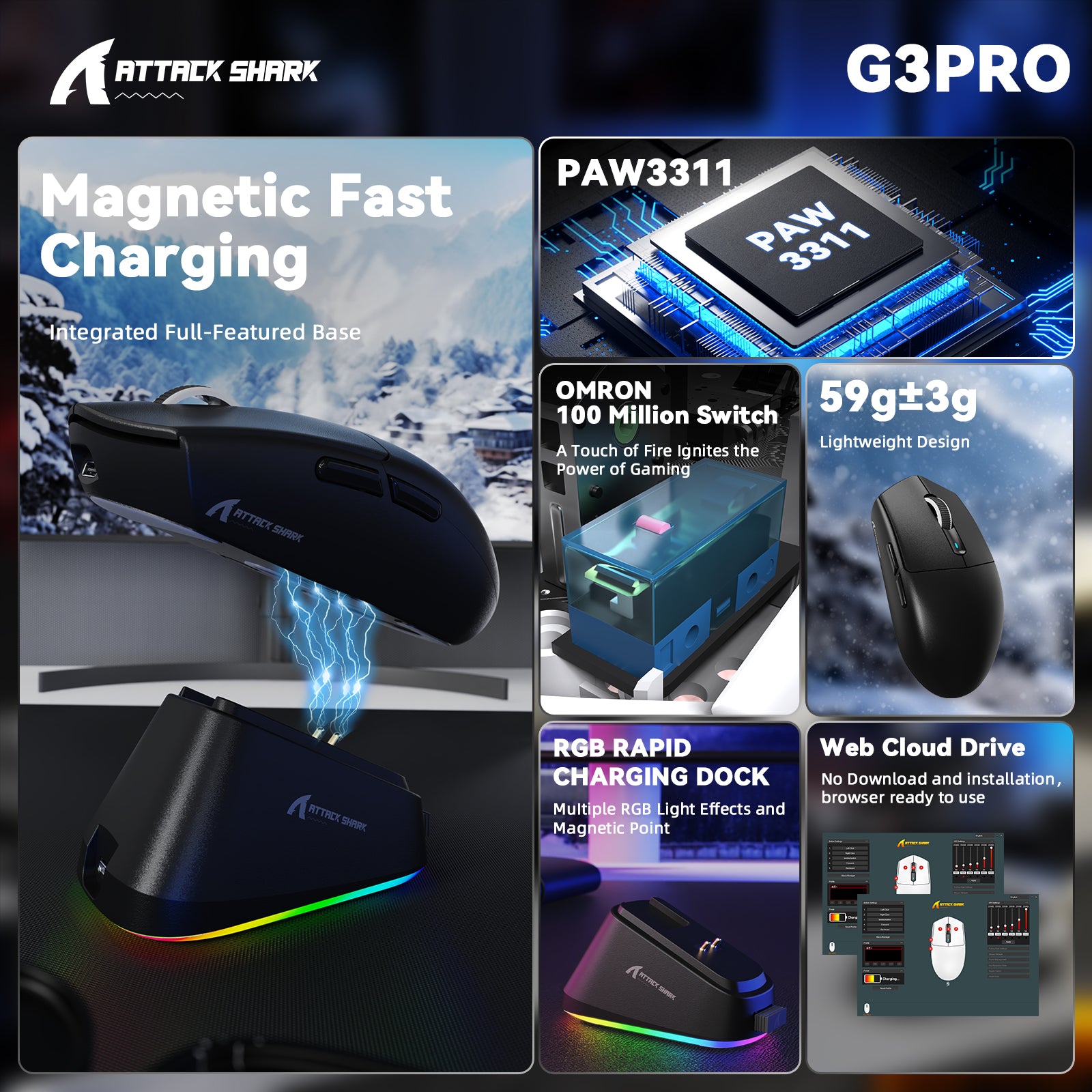 ATTACK SHARK G3PRO Kabellose Tri-Mode-Gaming-Maus mit Ladestation, 25.000 DPI, ultraleicht
