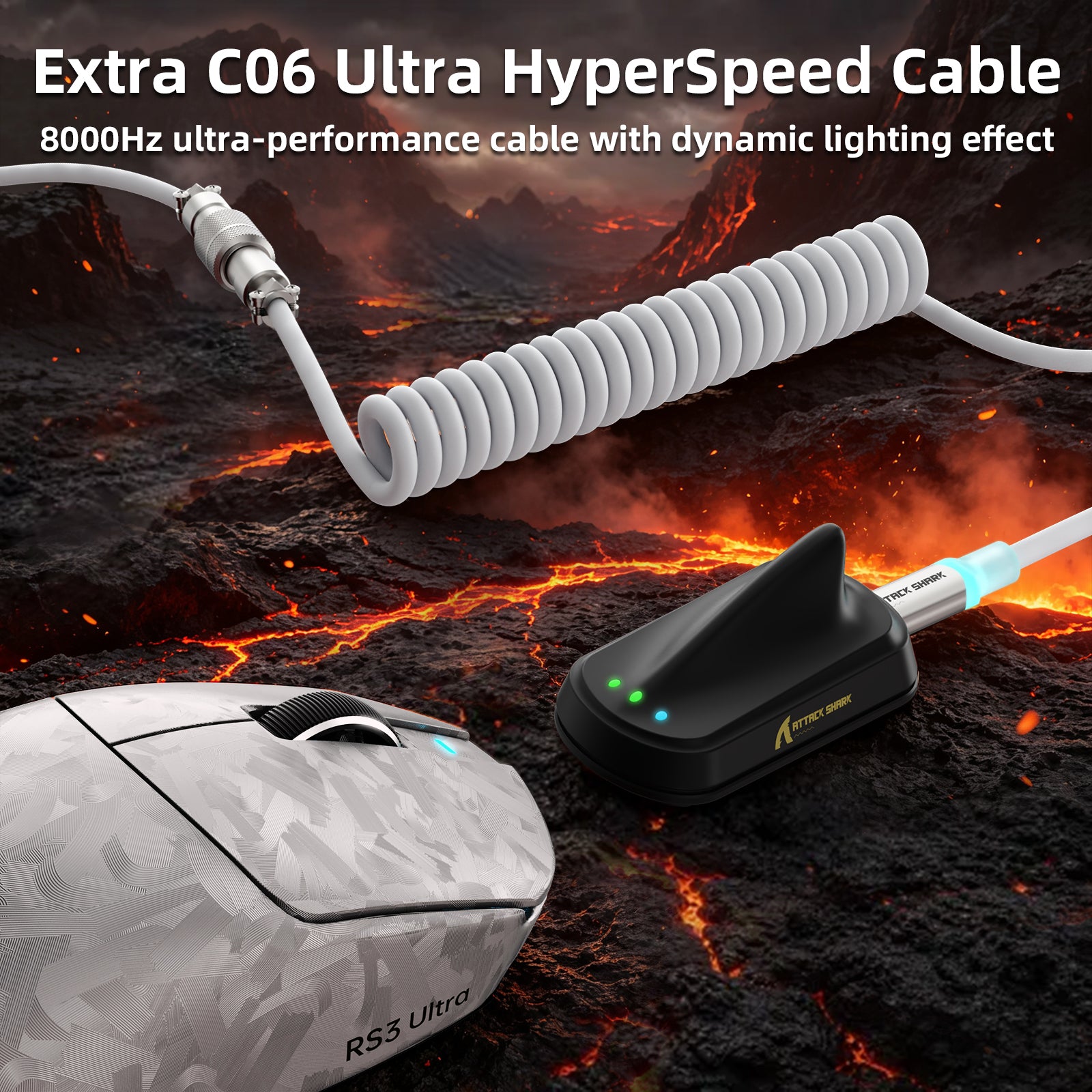 ATTACK SHARK RS3 ULTRA Carbonfaser Kabellose PAW3955MAX Gaming-Maus mit C06 Ultra LED-Kabel